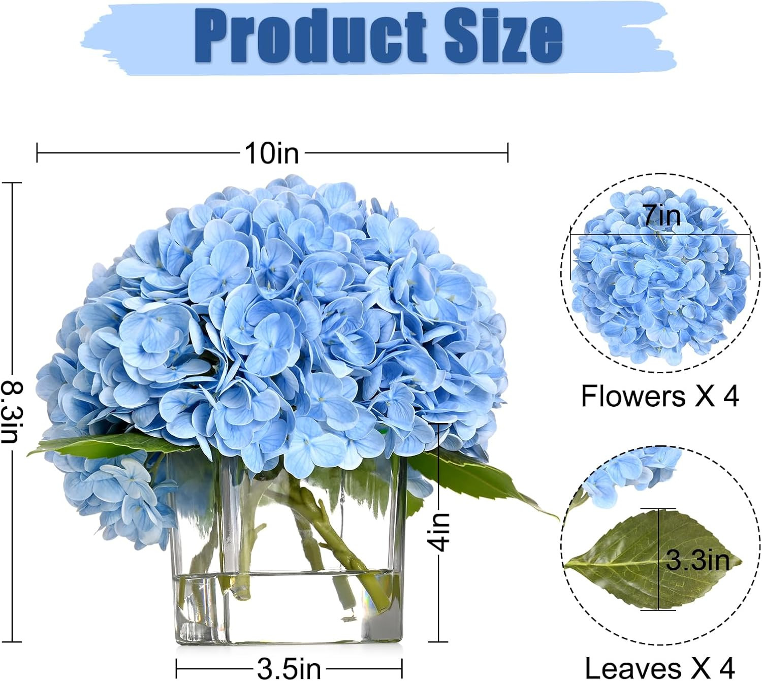 Luxury PU Fake Flowers in Vase with Faux Water, Blue Real Touch Hydrangea Artifi
