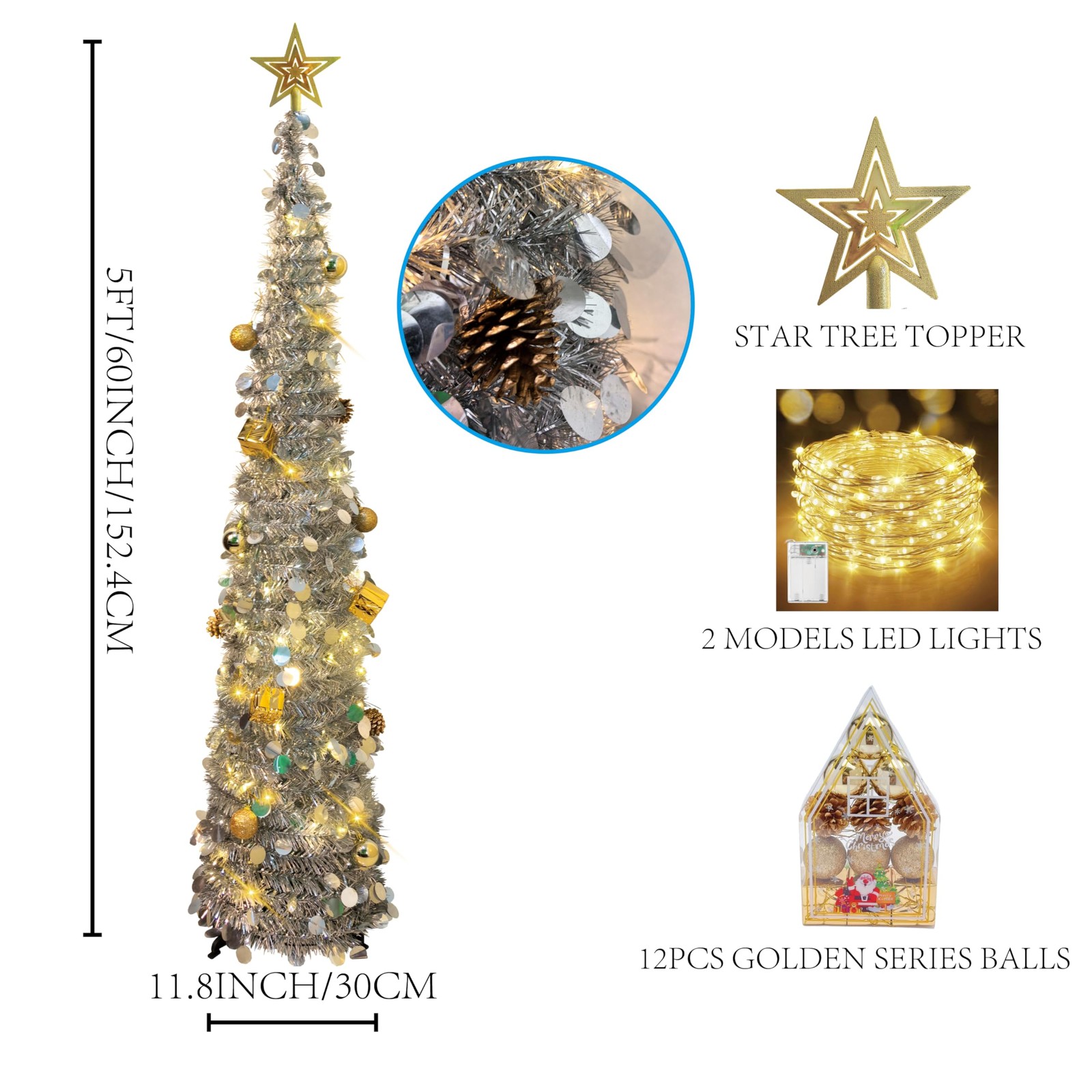 5FT Silver Pop Up Pencil Christmas Tree Lights Artificial Prelit Slim Decor