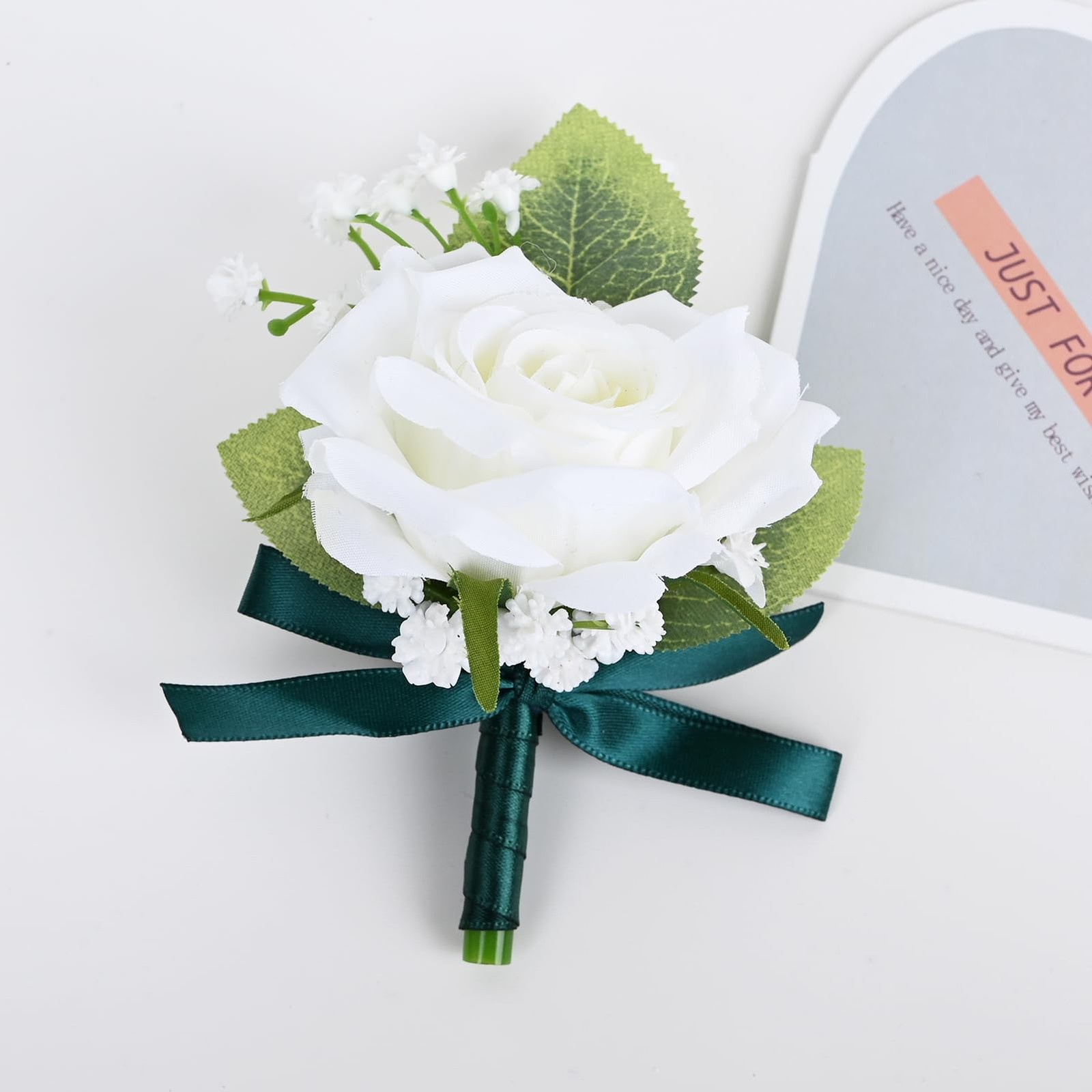 2 PCS White+Dark Green Artificial Wrist Corsage Boutonniere Set Prom