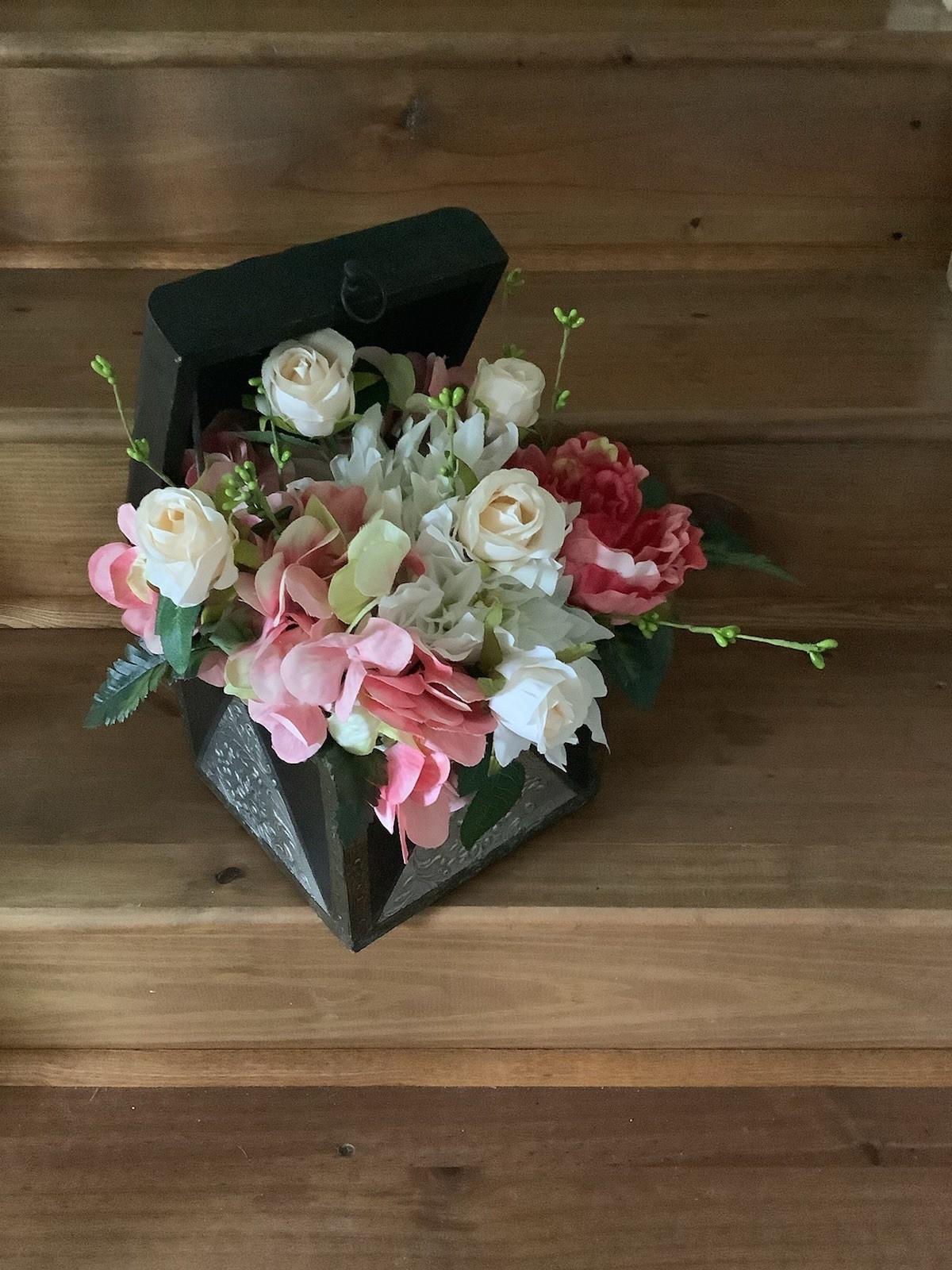 Artificial Pink & White Rose Floral Arrangement Centerpiece, Green, Table Decor