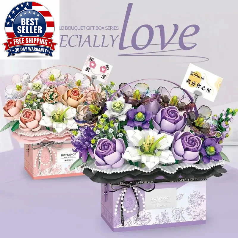 Creative Pink Rose Basket Bouquet Building Blocks Portable Flower Bouquet Gift B