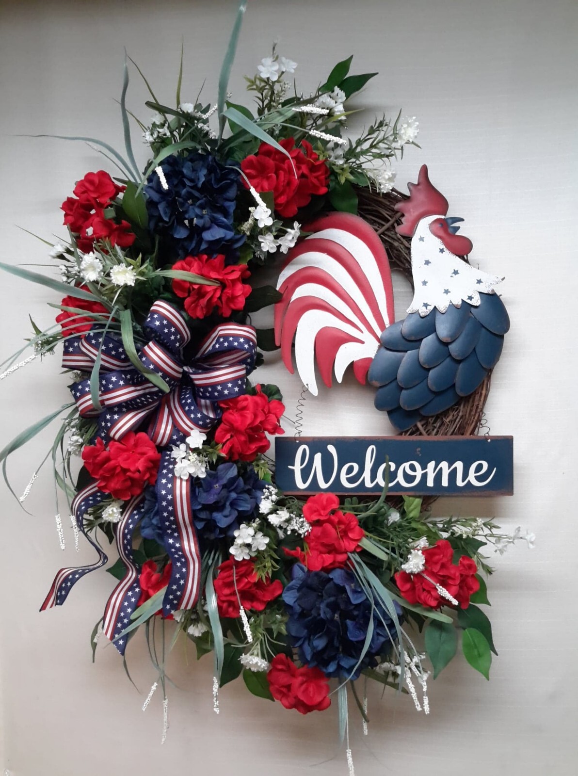 Patriotic Door Wreath Rooster Flower Door Decor USA Memorial Day Fourth of July