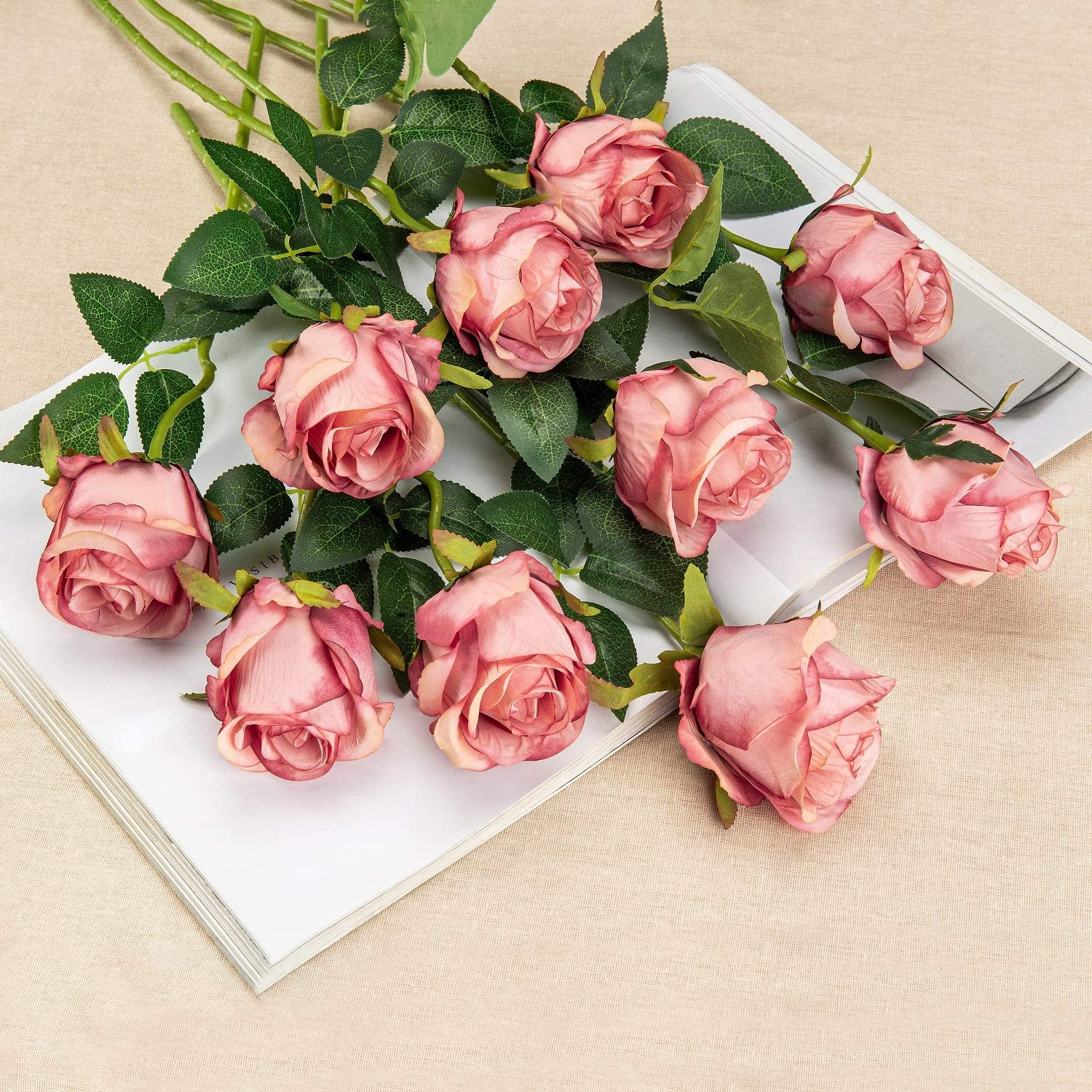 10Pcs Artificial Rose Flowers Long Stem Fake Silk Roses for DIY Wedding Bouquet