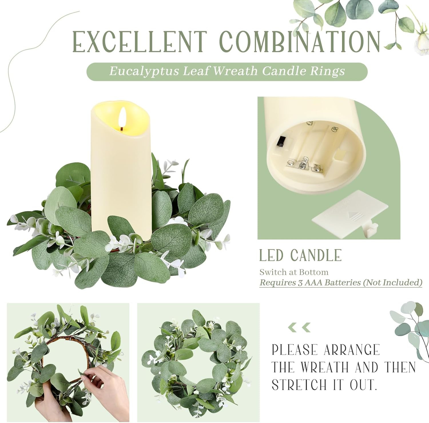 10 Set Eucalyptus Candle Rings with Flameless LED Pillar Candle Holders