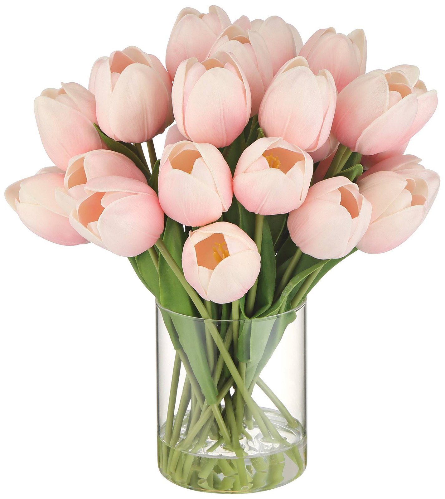 Emmie Pink Tulips 12″ High Faux Flower in Clear Glass Vase