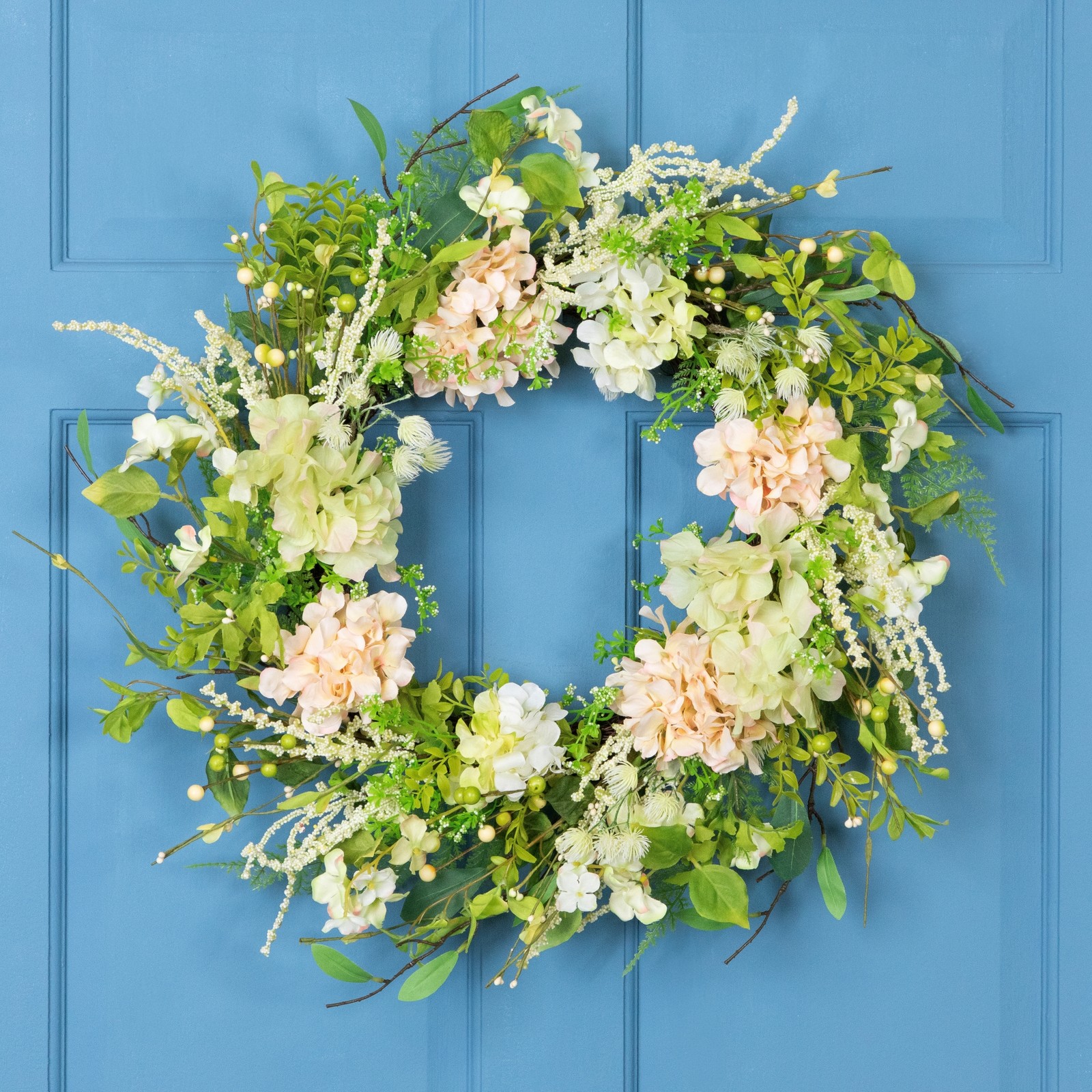 Northlight Hydrangea and Fern Spring Floral Berry Wreath, Green and Pink 28-Inch