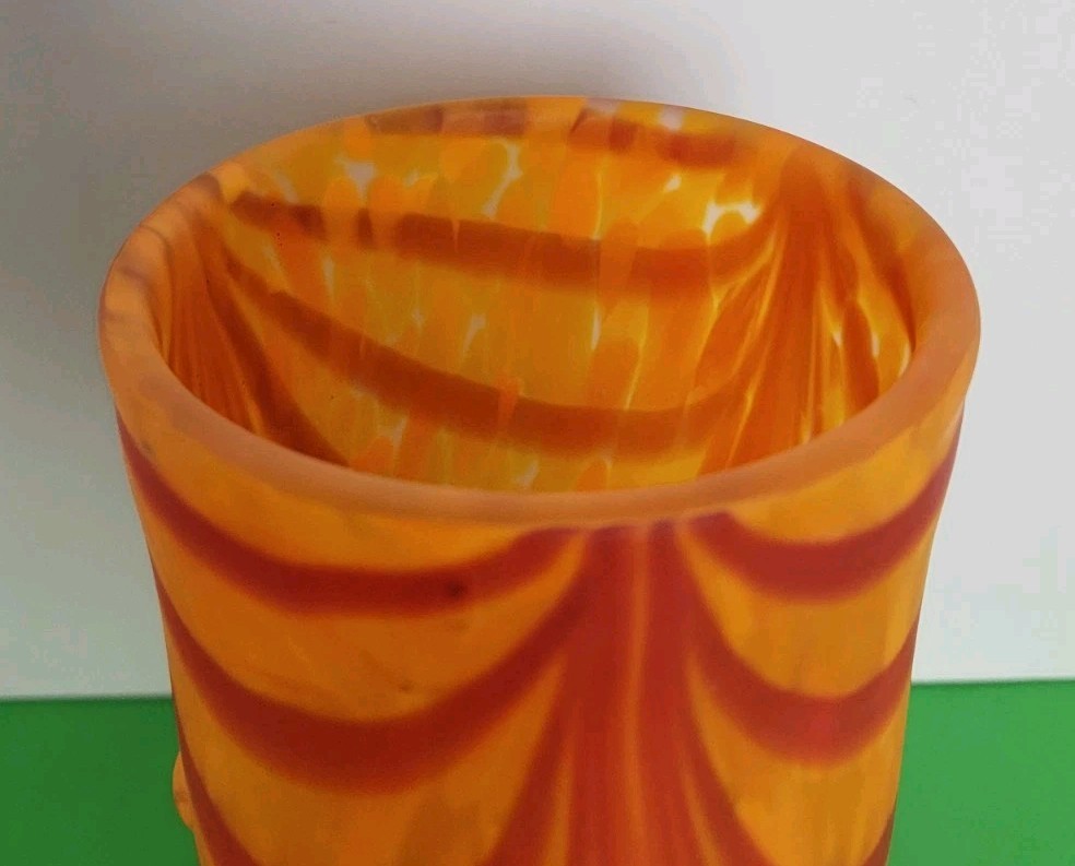 Art Glass 10.25″ x 4.5″ Vase – Orange & Red Swirled Vase With Three Feet