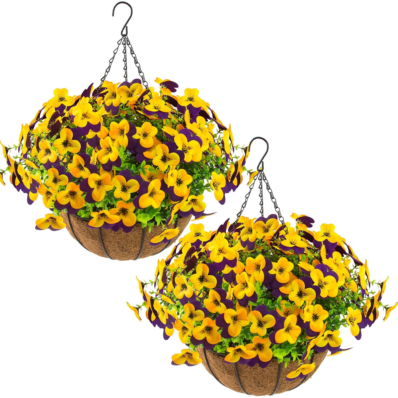 2 Set Artificial Outdoor Pansies Flowers with Hanging Baskets, 2 Hanging Plan…