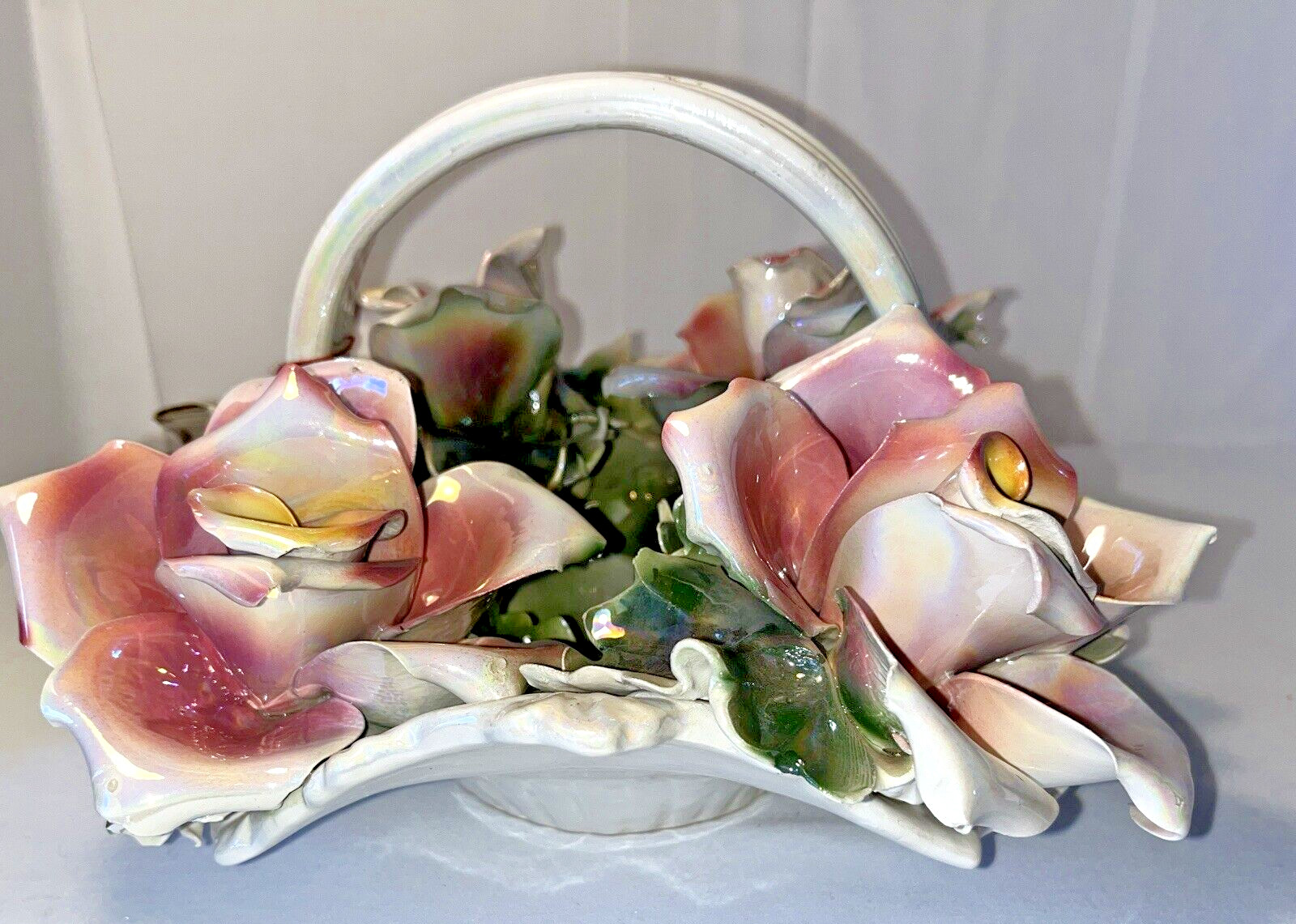 Vintage Capodimonte Basket of Roses Italy Original Tag Iridescent 10″ x 10″ x 6