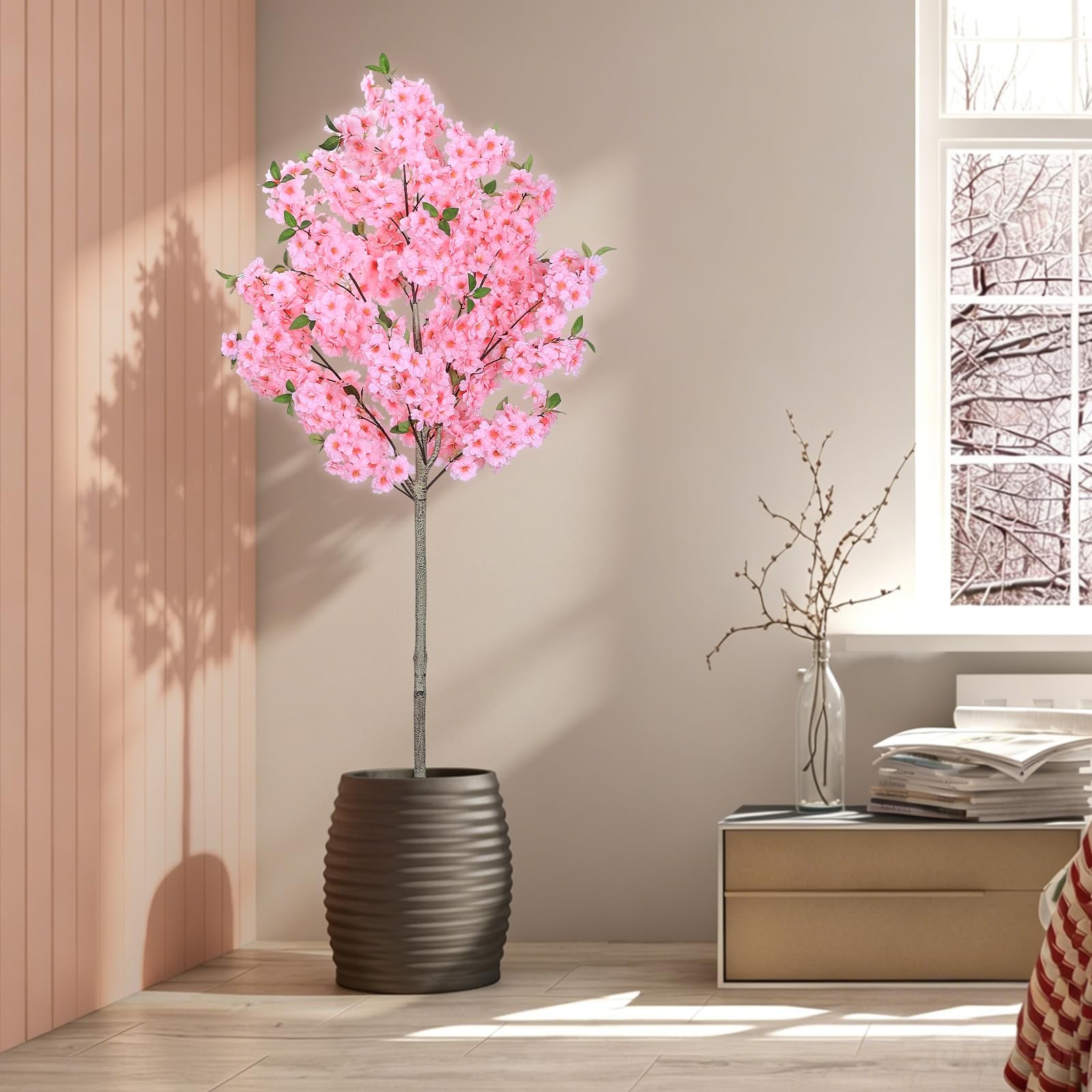 6FT Artificial Cherry Blossom Tree with Pot, Faux Pink Sakura Tree with Adjus…