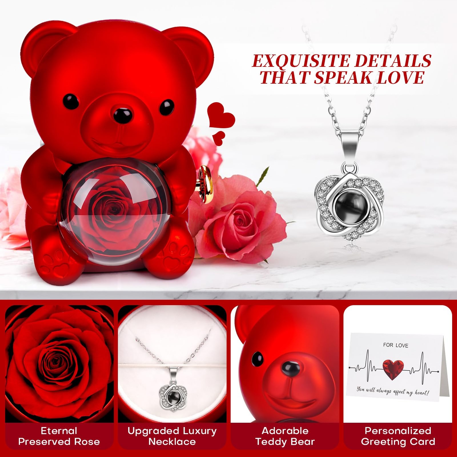 Valentines Day Gifts for Her, Teddy Bear with Preserved Real Rose and Necklac…