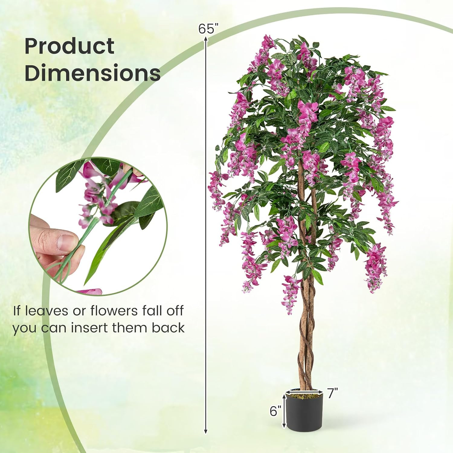 5.5FT Fake Wisteria Plant, Tall Artificial Tree in Nursery Pot with Rosy Flowers