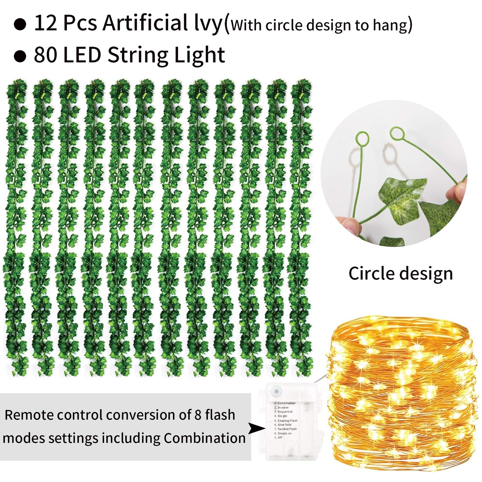 12 Pack 84FT Artificial Ivy Leaf Plants Greenery Garland with String Lights