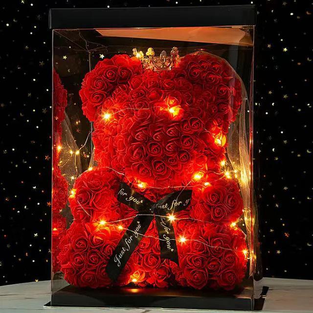 25cm Artificial Teddy Rose Flower Bear with Box Romantic Valentines Day Gift Gir