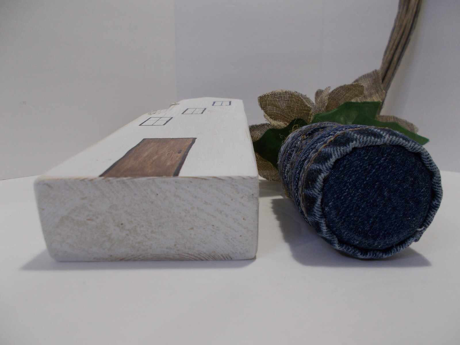 Small Denim Vase from Denim Side Seams w Burlap Flowers & Painted Wooden House