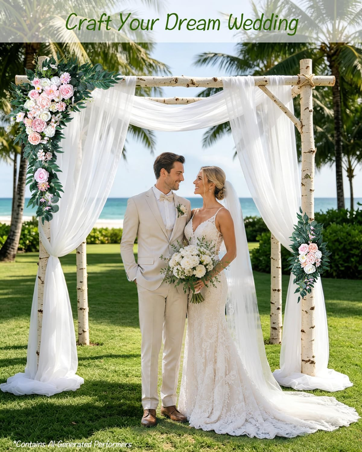 40In 2Pack Artificial Wedding Arch Flowers Kit,Faux Blush White Floral Swag Arra