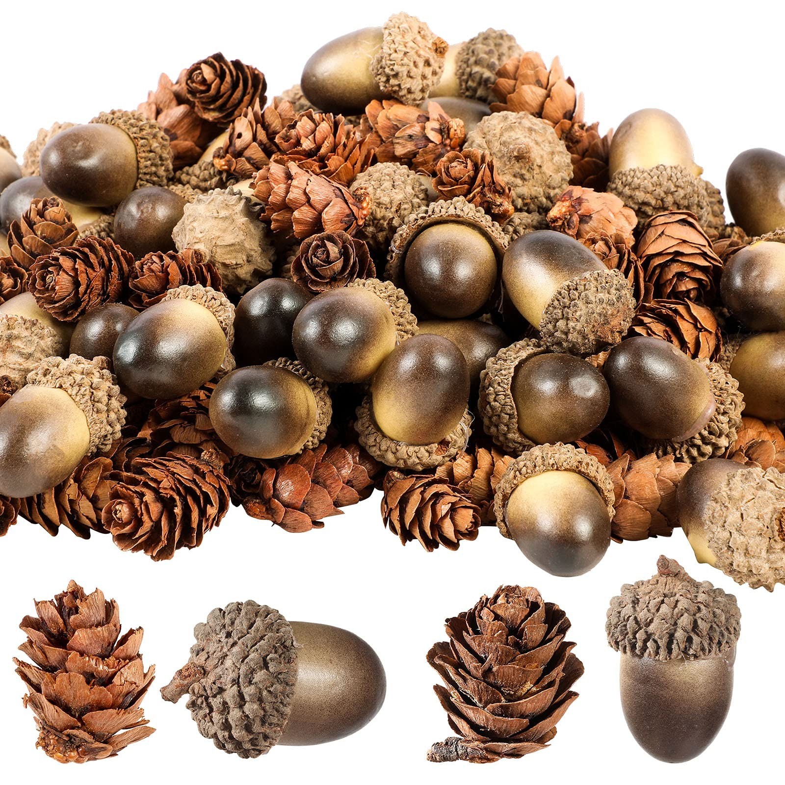 200 Pcs Artificial Acorns & Mini Pine Cones – Lifelike Decor for Crafts, Vases,