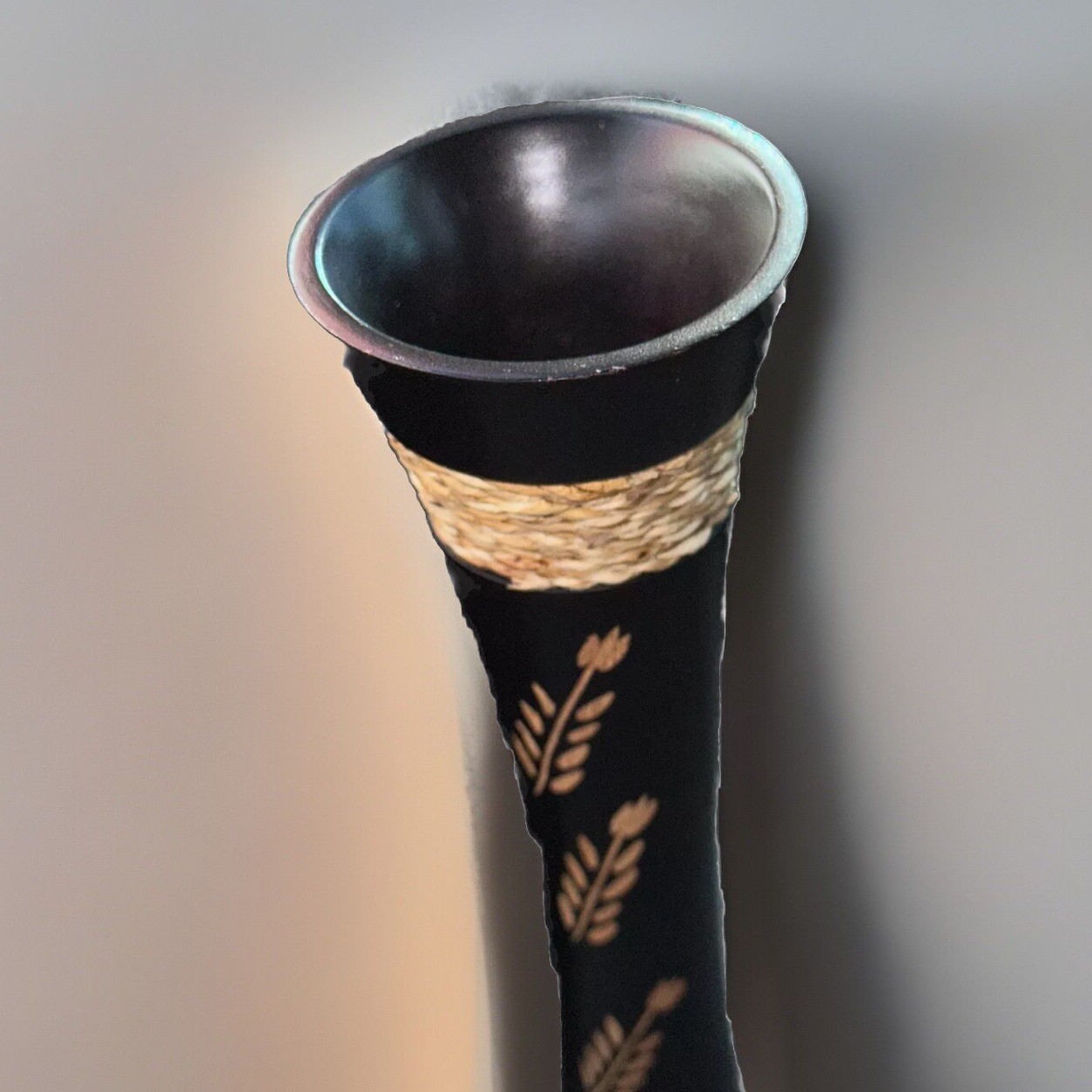 Gorgeous Black Wooden Vase with Hand Etched Flowers & Rope 12” Unique Home Decor