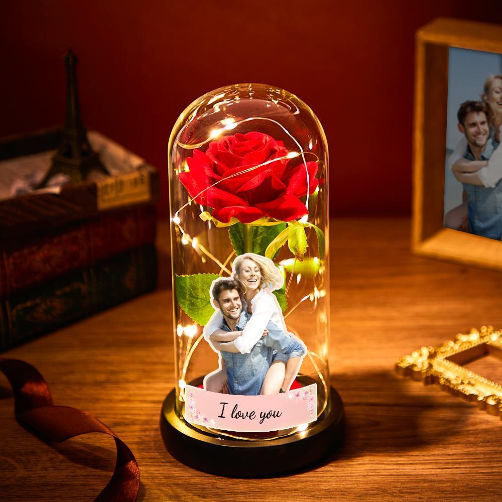 Custom Photo Text Eternal Rose Flower Glass Cover LED Night Light – AU Stock