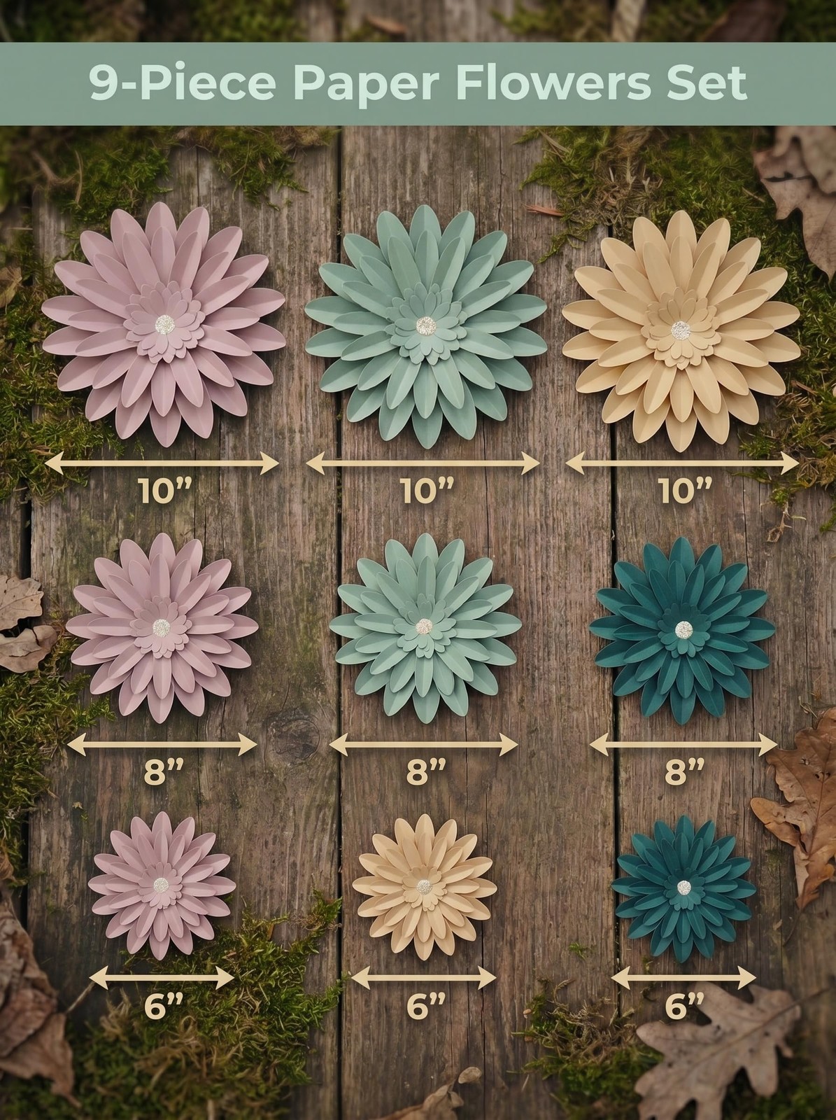 Dusty Pink-Sage Green-Mustard Yellow 3D Paper Flower Wall Decor Set of 9 – Ha…