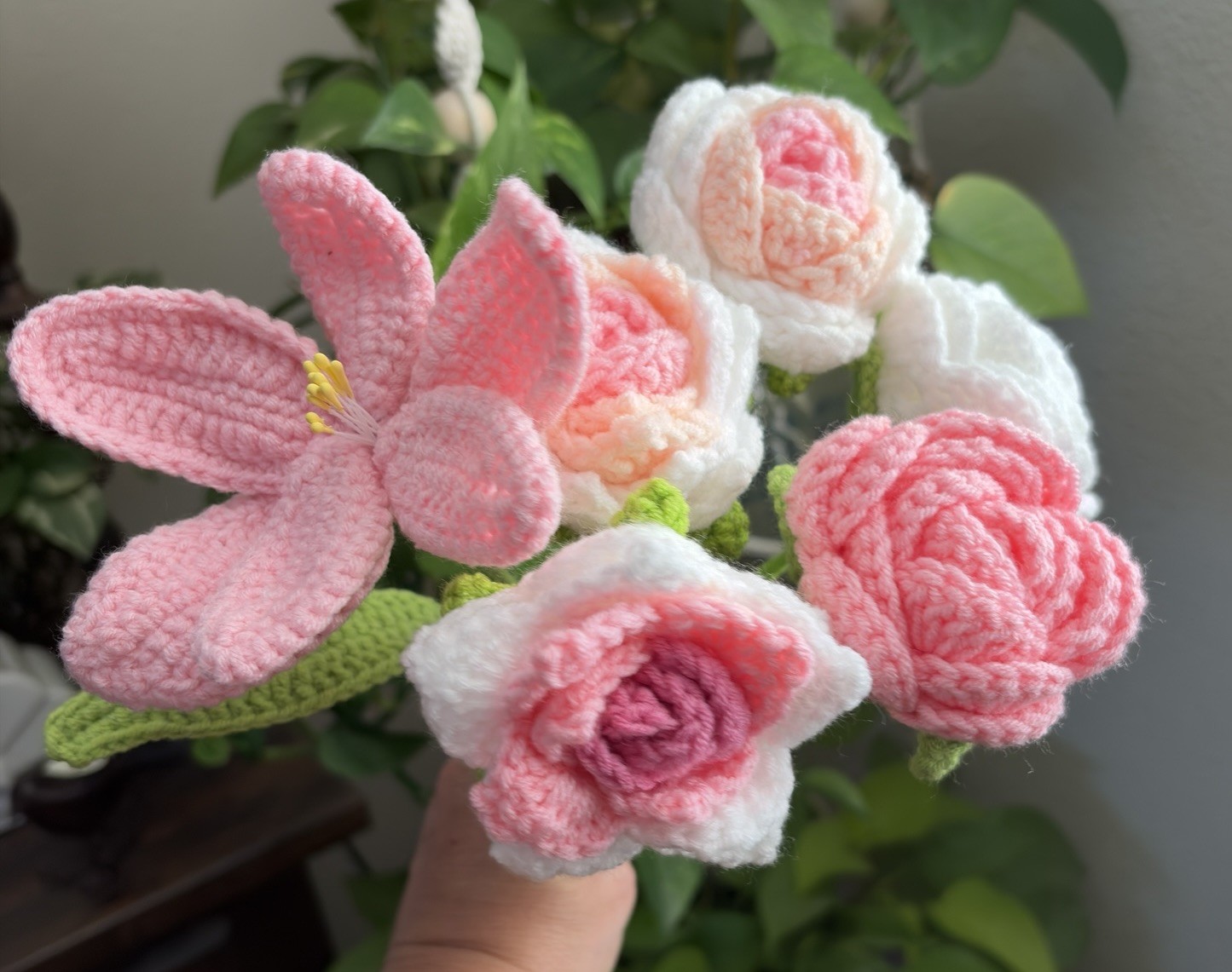 Handmade Crochet Flower Bouquet Pink Roses Lily Knit Flowers Gift Home Decor