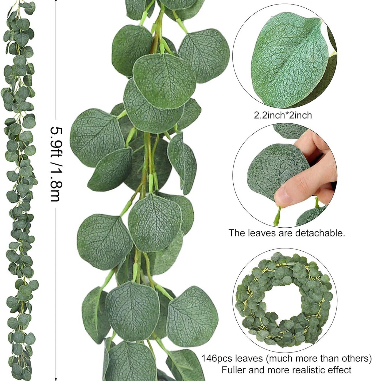 3 Pack Artificial Eucalyptus Garland 146 Leaves Greenery Silk Leaves Vines Artif