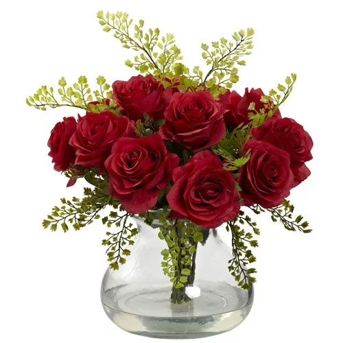 Artificial Rose & Maiden Hair Arrangement with Vase Peach Flowers