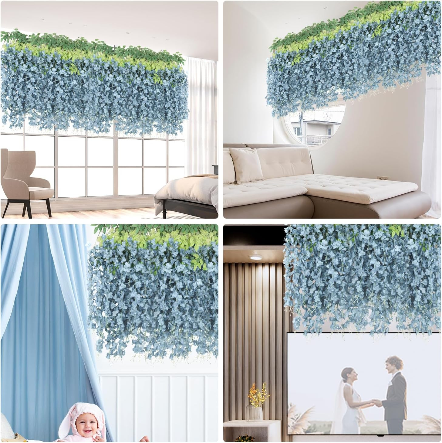 25 Pcs Artificial Wisteria Hanging Flowers 3.6Ft Dusty Blue Fake Hanging Flowers