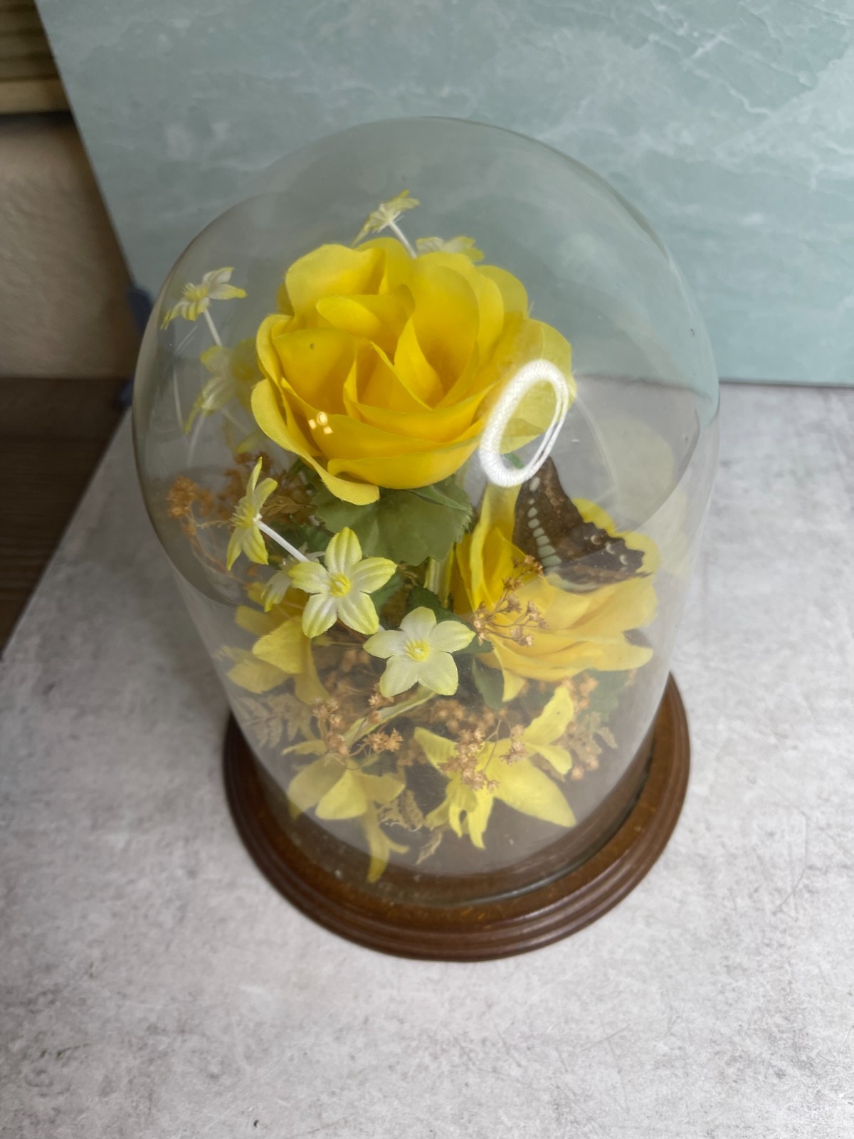 Vintage Butterfly Cloche Dome silk flowers yellow Wood Frame 9″