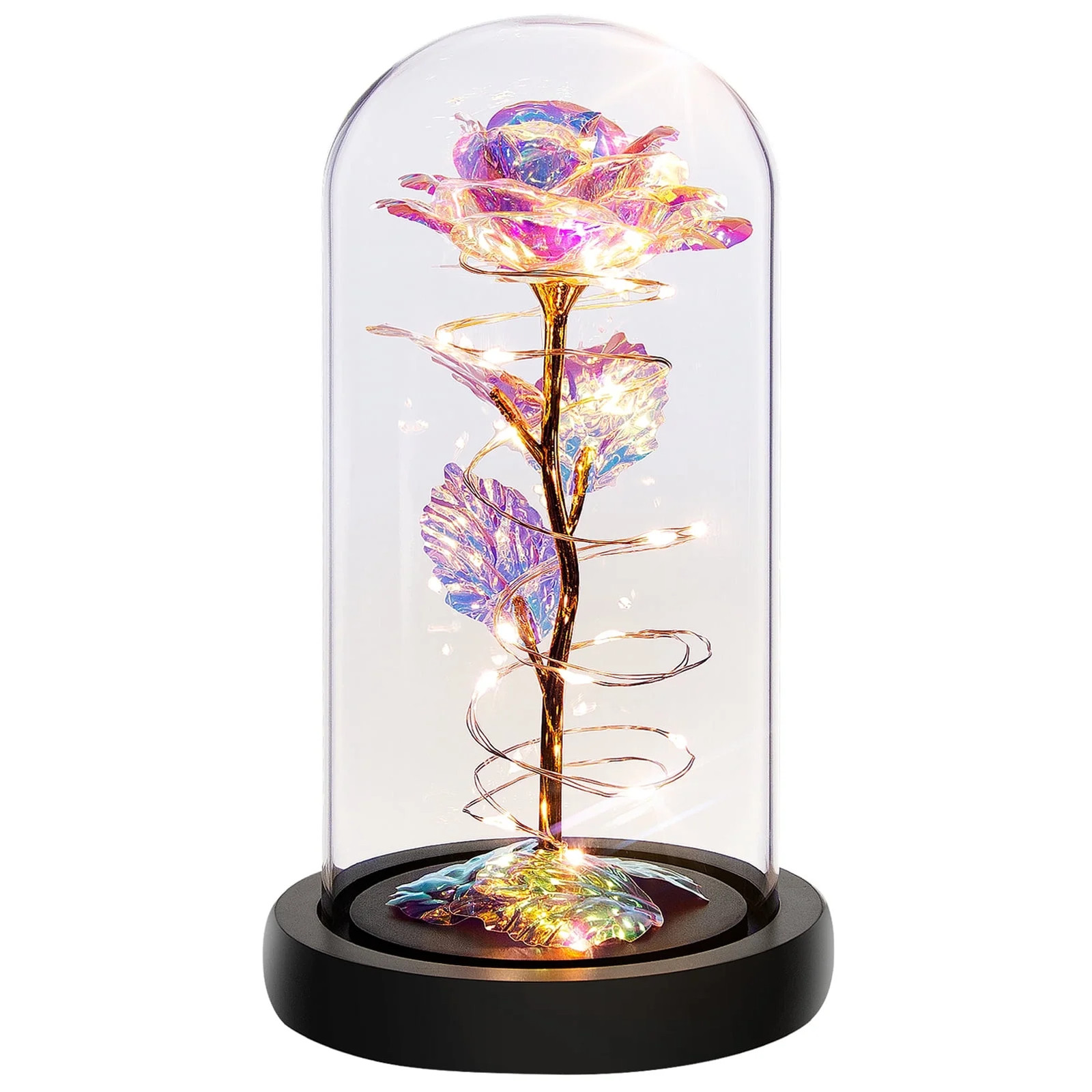 Childom Artificial Flower Rose Light Multicolor Glass Dome 5×8.7″ w/ LED Lights