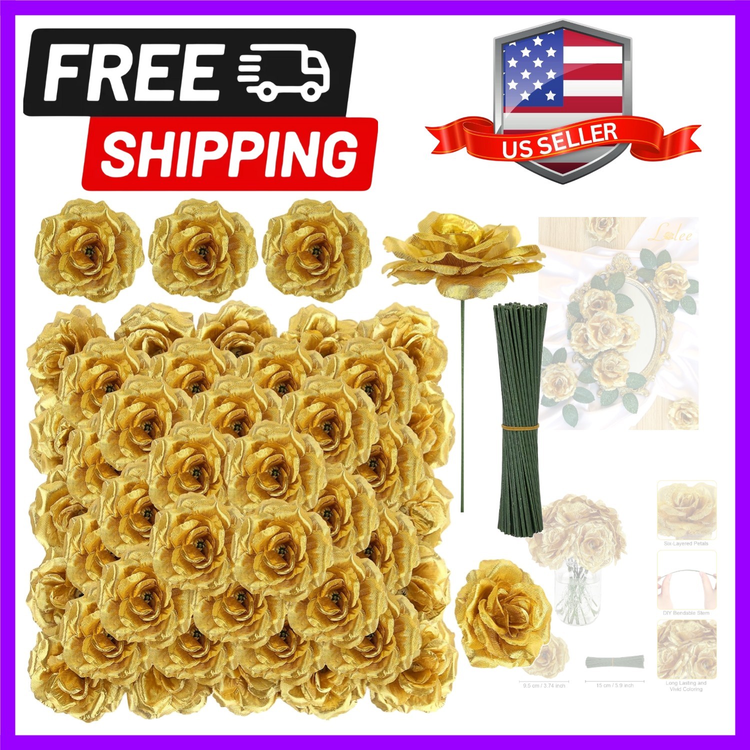 Rose Head Flowers with Stem – 108pcs Gold Rose Artificial Flowers Bulk – 3.1’…