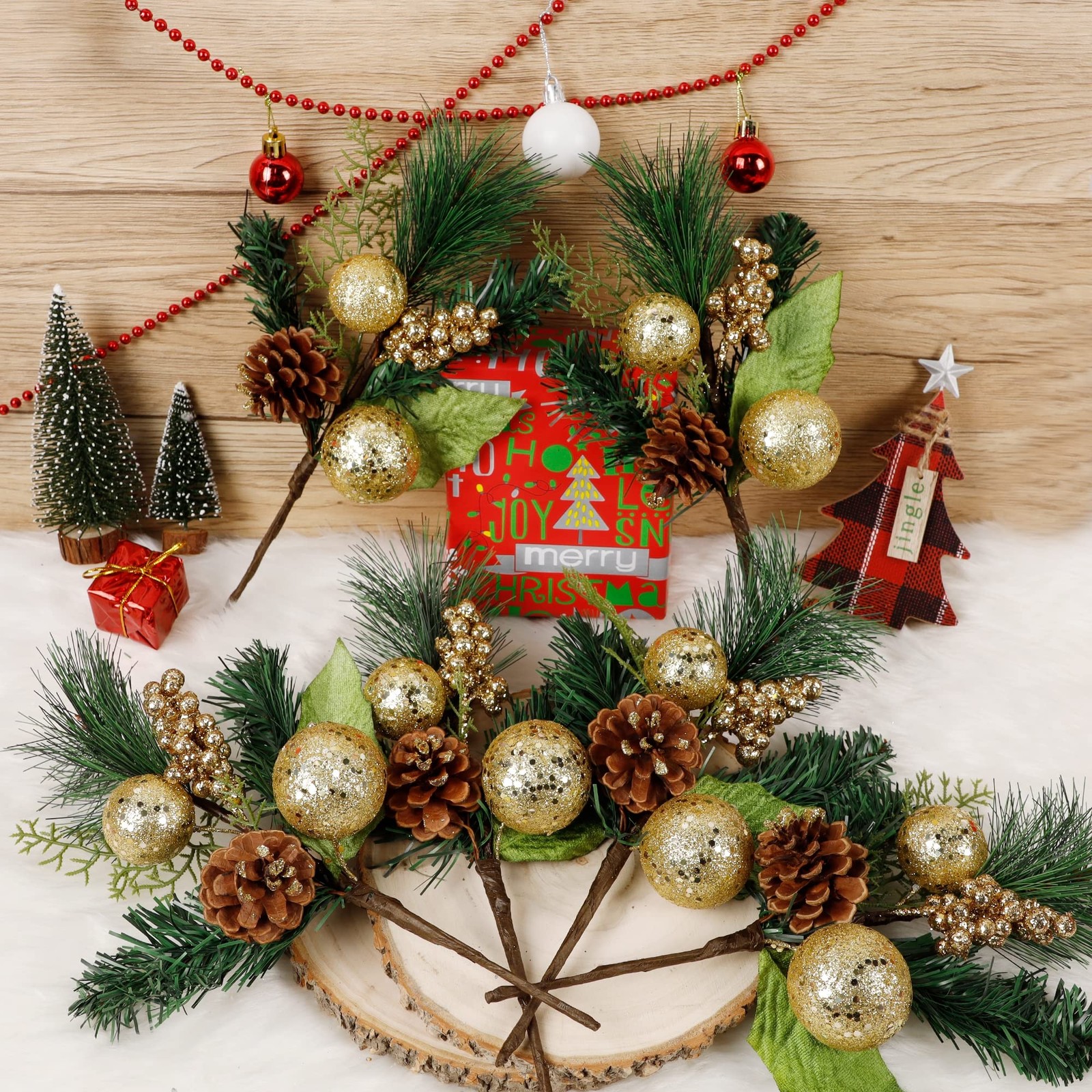 12″ Gold & Green Christmas Picks and Sprays – 6 Pcs Tree Fillers