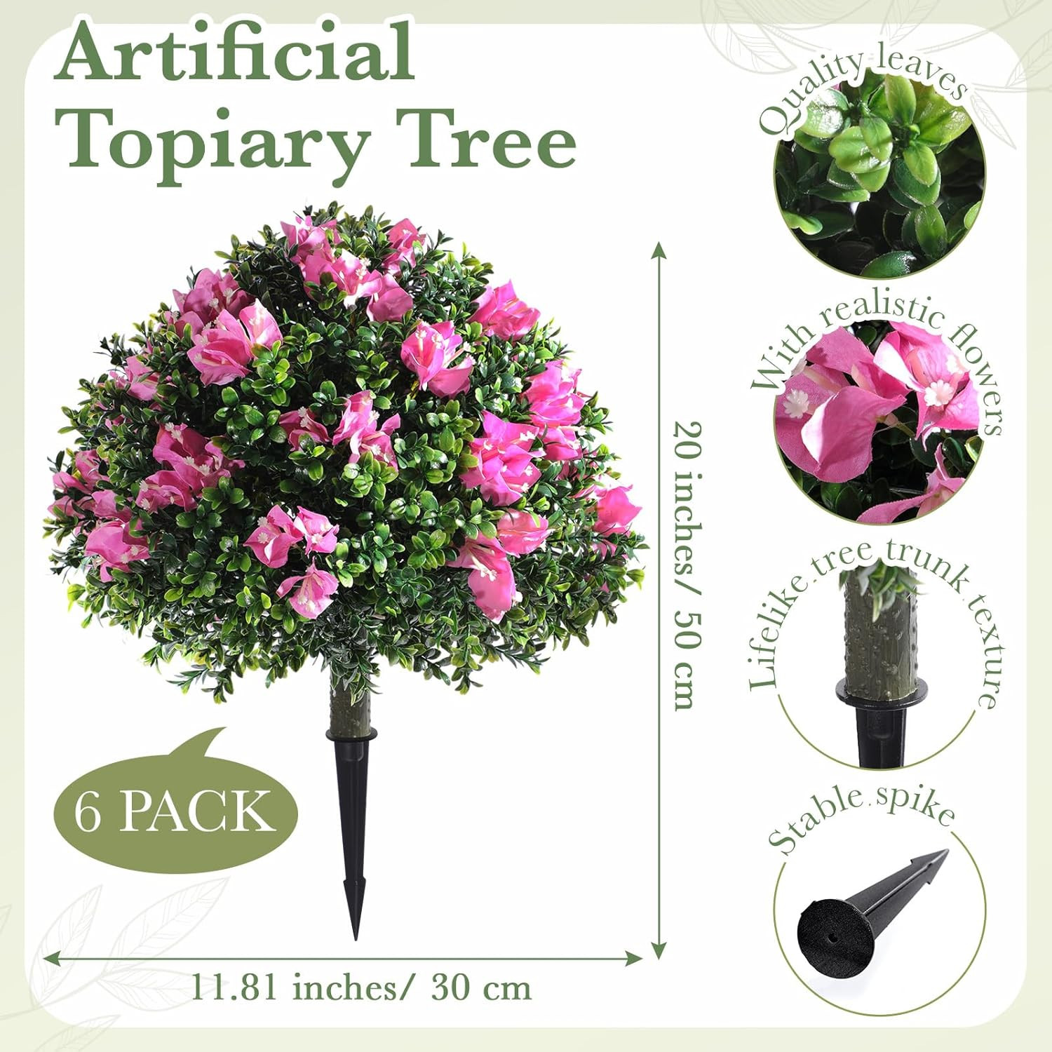 6 Pack 18″ Artificial Boxwood Topiary Balls with Bougainvillea Flowers with Spik