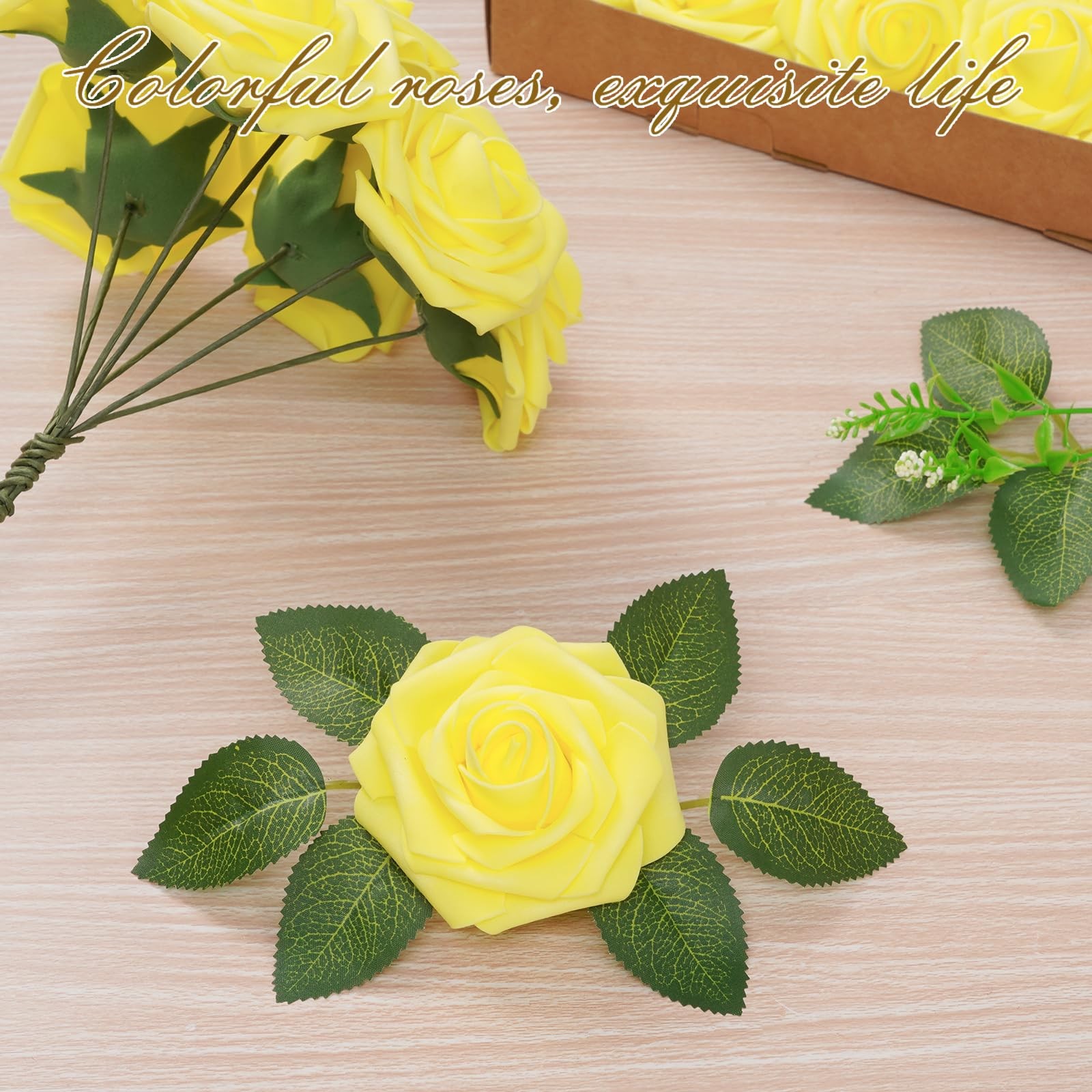 16Pcs Artificial Flowers Fake Roses with Stems, Yellow Boxed Foam Roses for D…