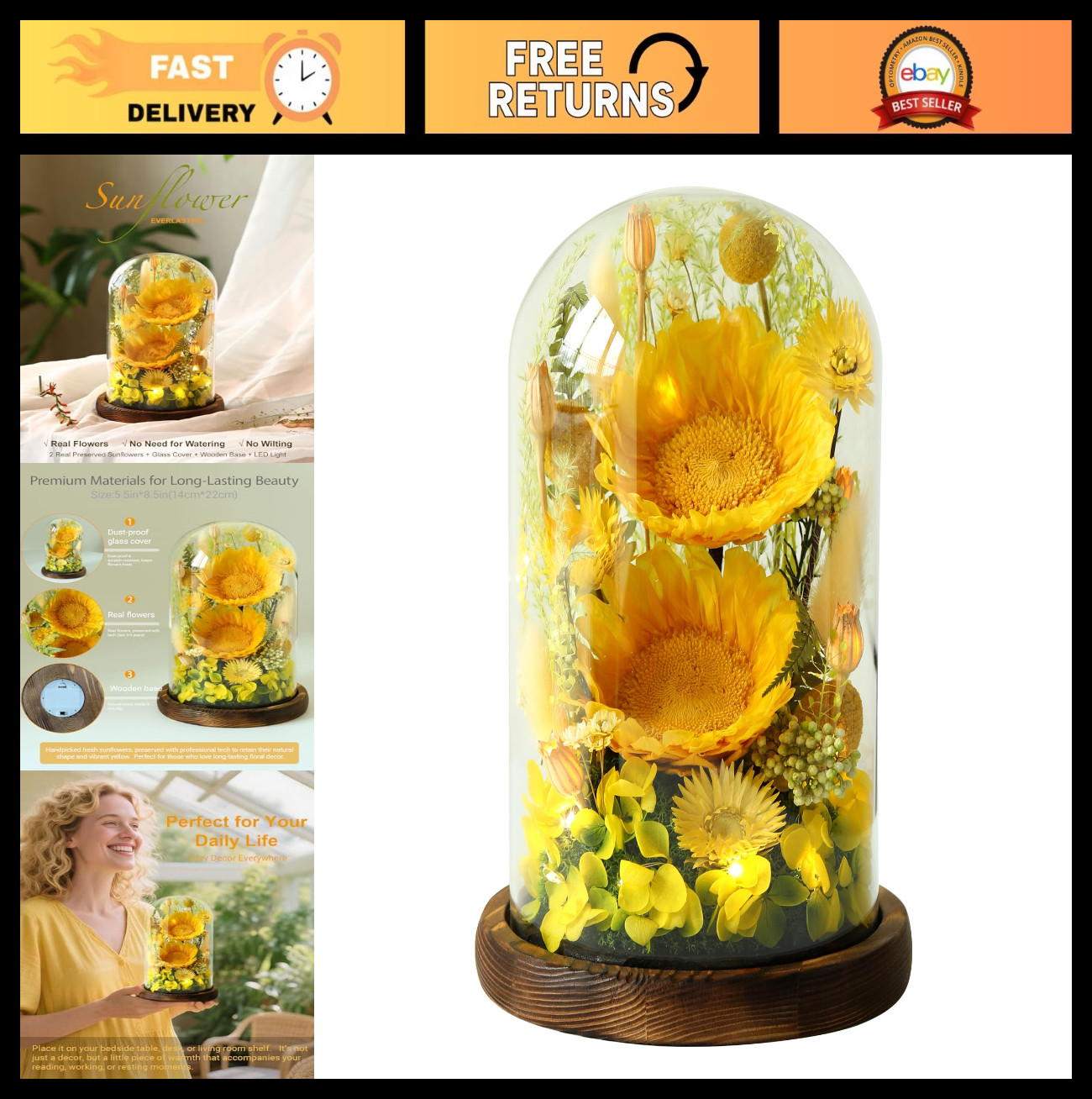 Preserved Sunflowers in Glass Dome – Unique Gifts for Women, Mom, Grandma, Wife