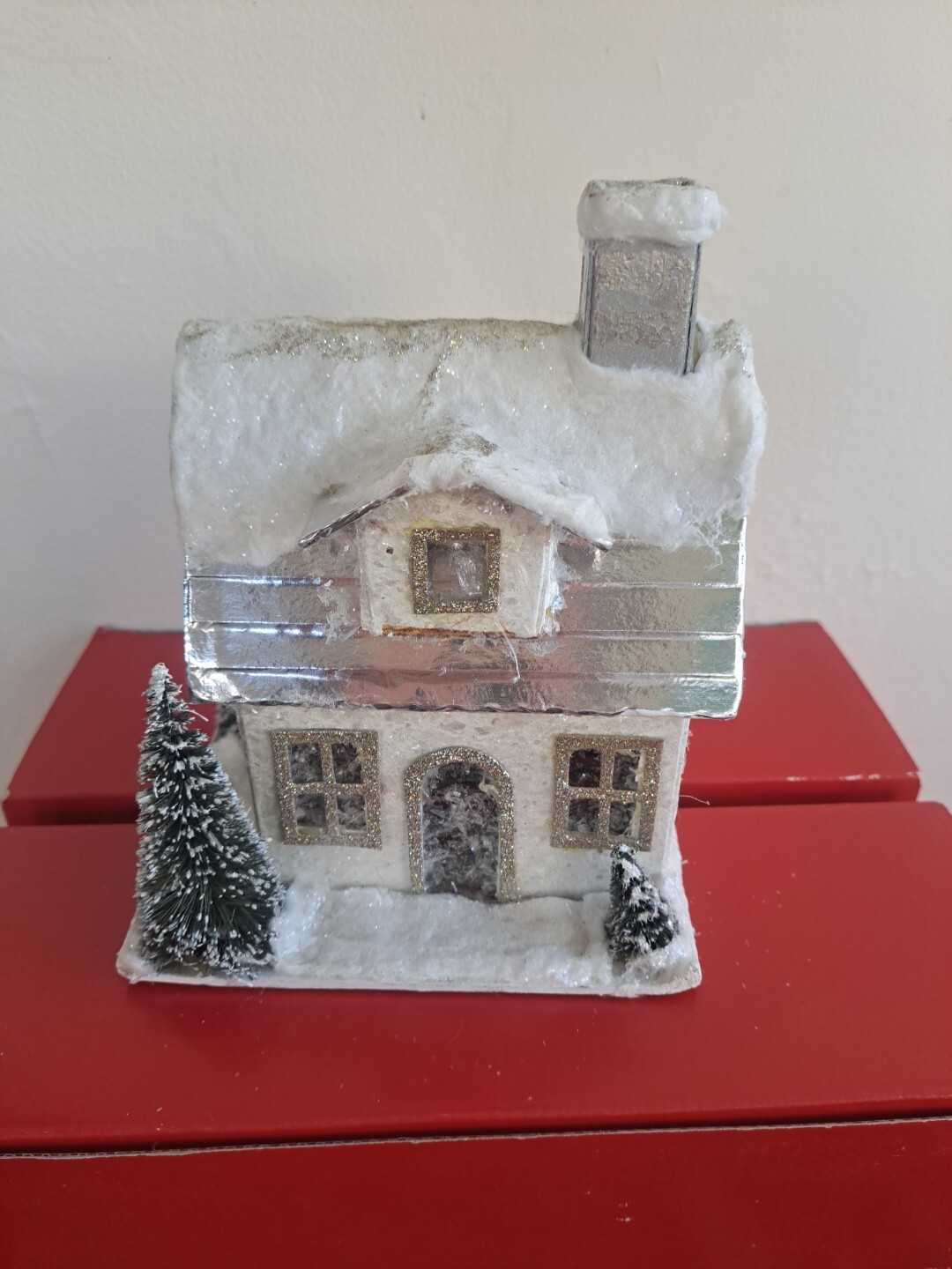 Retro Putz Style WHITE CHRISTMAS HOUSE Bottle Trees 7″ x 5.5″ x 4″