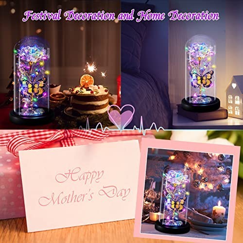 Light Up Galaxy Butterfly Rose in Glass Dome – Eternal Mother’s Day Gift for Mom