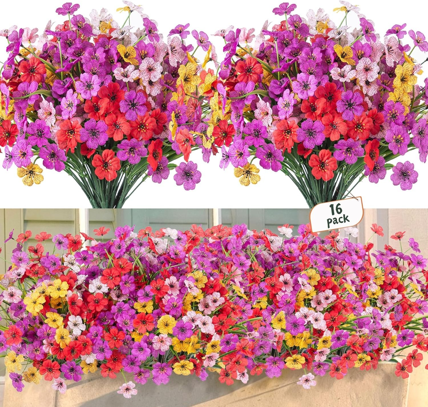 16 Pcs Artificial Fake Flowers for Outdoor Spring Decoration, Faux Silk Flowe…