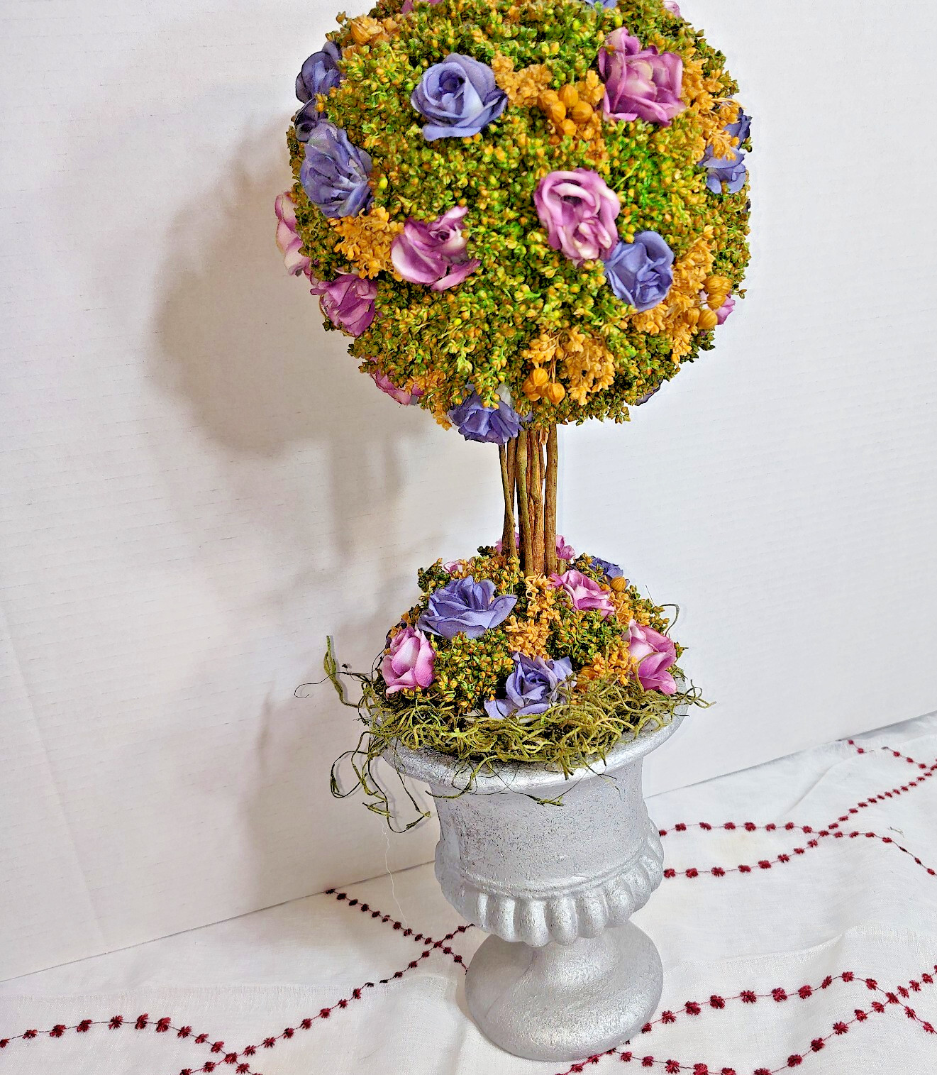 Decorative Floral Topiary in Silver Urn Pot – Purple, Yellow & Green, 18″ Tall