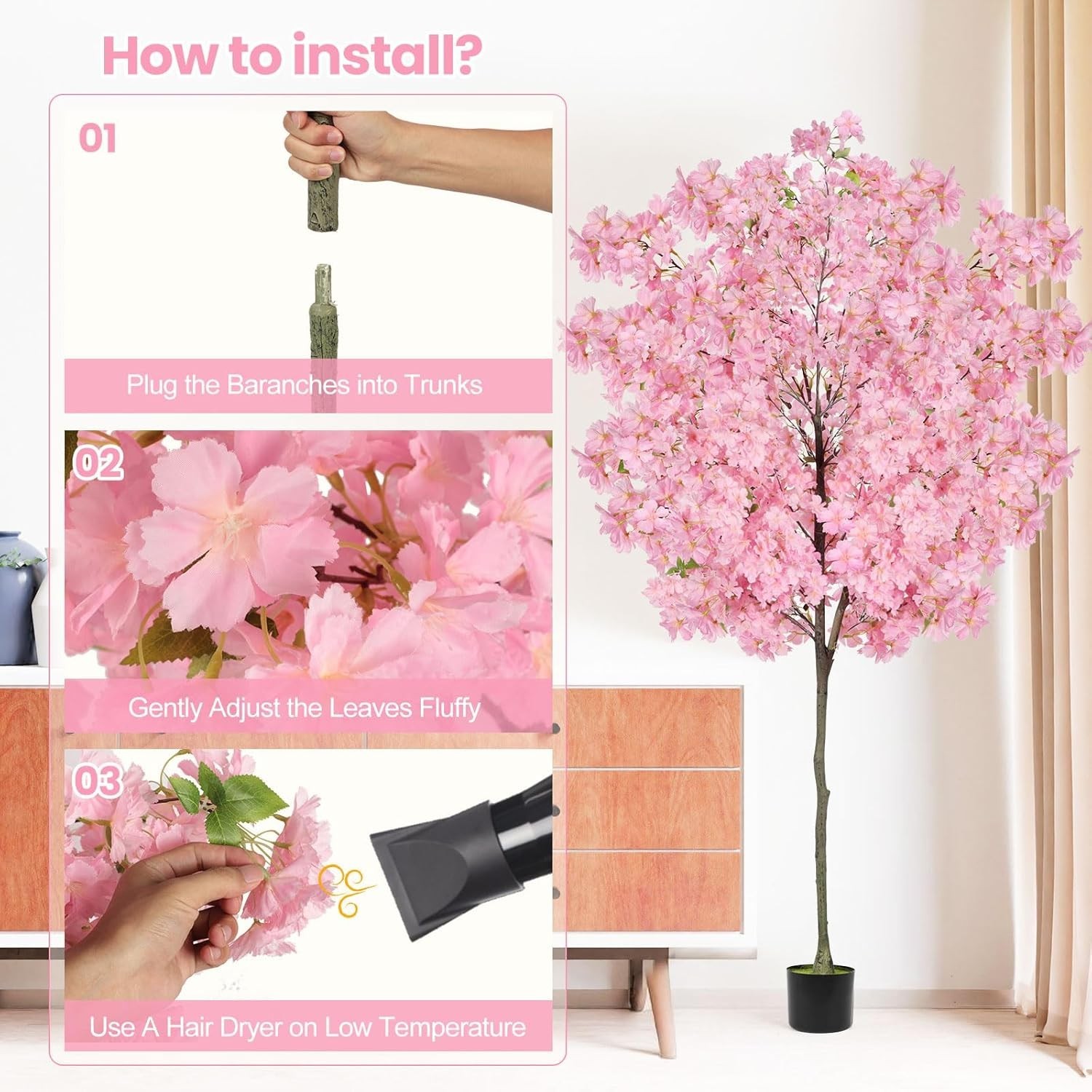 6Ft Tall Cherry Blossom Artificial Tree,Fake Pink Cherry Blossom Tree,Lifelike