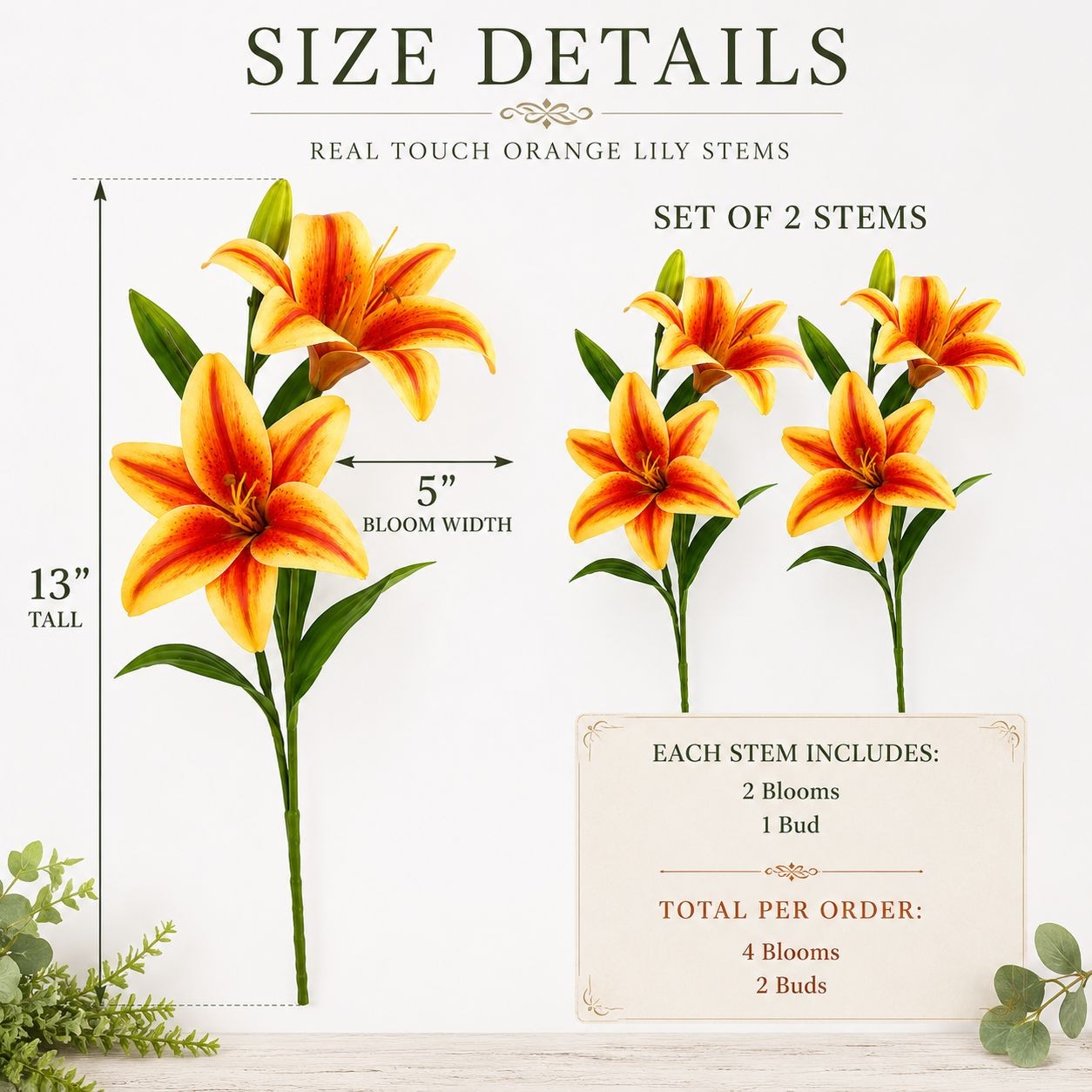 Real Touch Orange Lily Stems Set of 2, Artificial Tiger Lily Spray, Faux Fall Fl