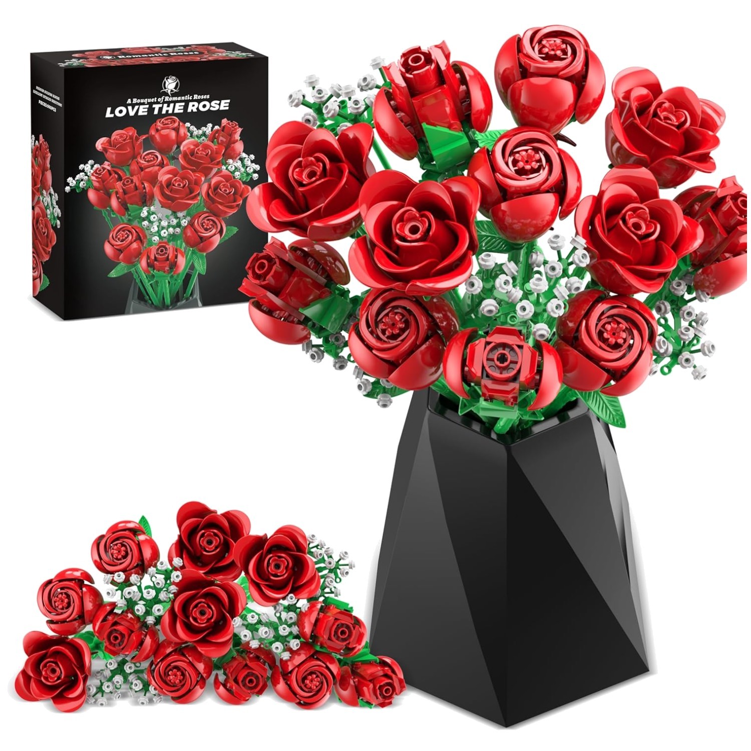 960PCS Red Rose Bouquet Building Set – DIY Home Decor & Gift
