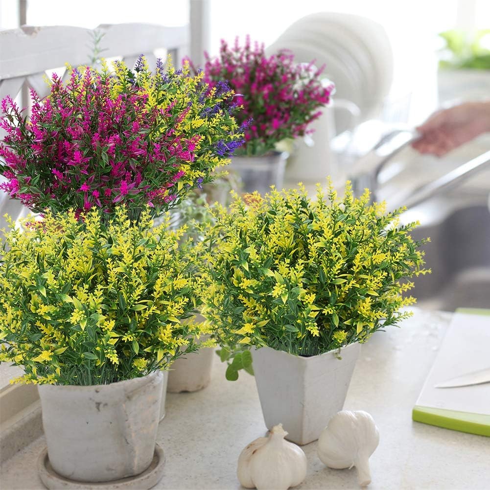 8 Bundles Artificial Yellow Flower Lavender Fake Plants for Outdoor Garden Decor