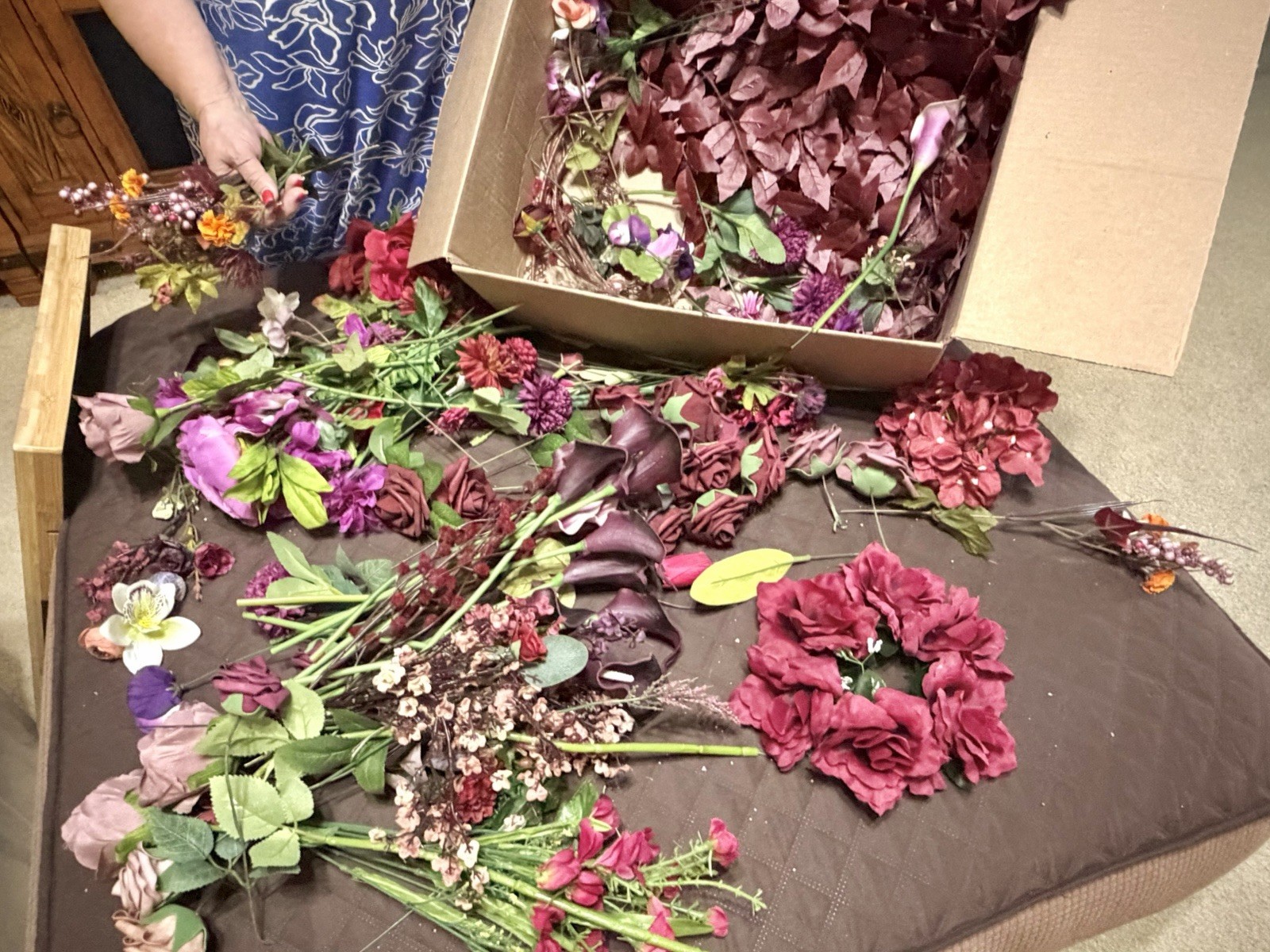 Large Lot / Box of Miscellaneous Artificial Silk Flowers – Burgundy Shades