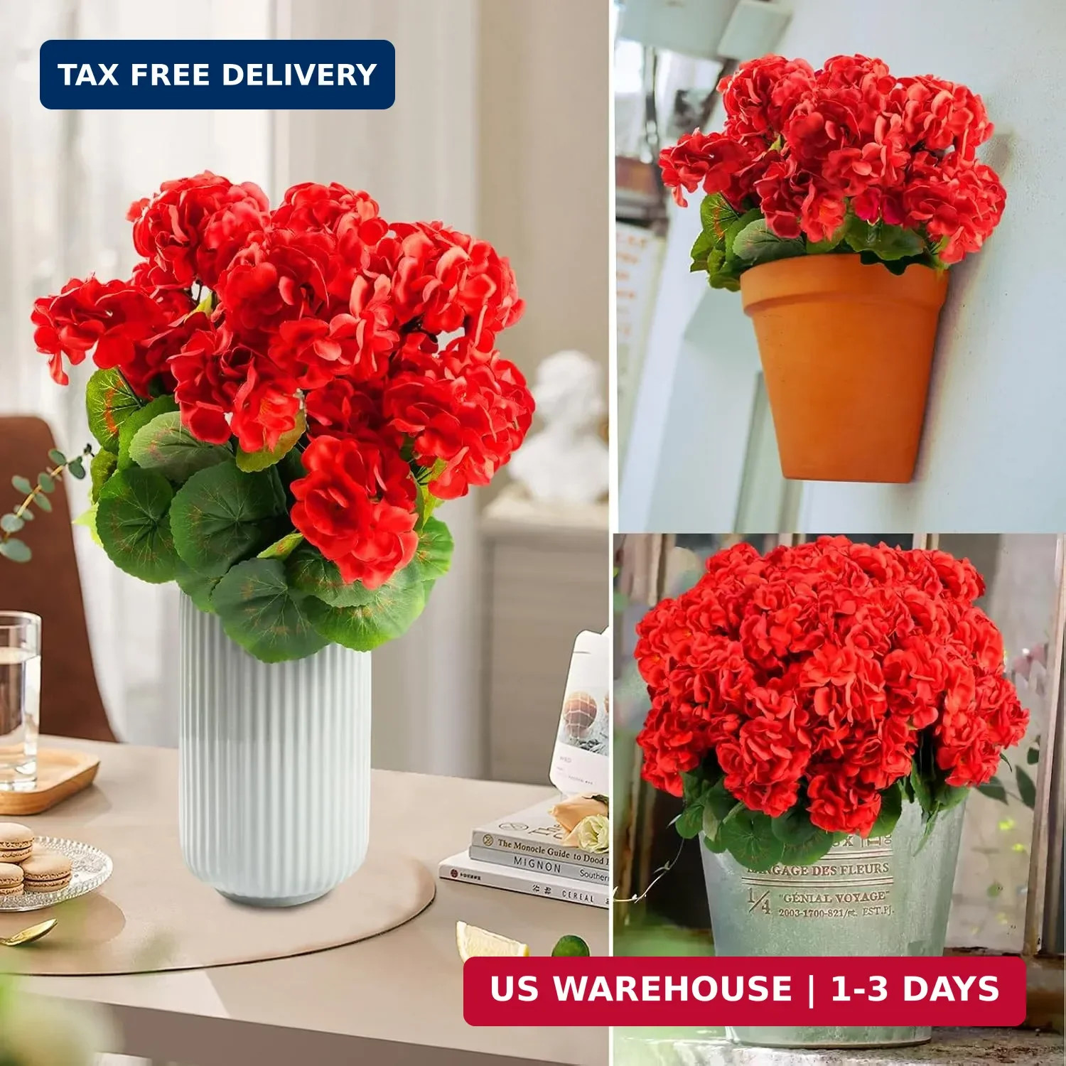 6 Bundles Artificial Flowers for Outdoors, Faux Geraniums Realistic Red Christma