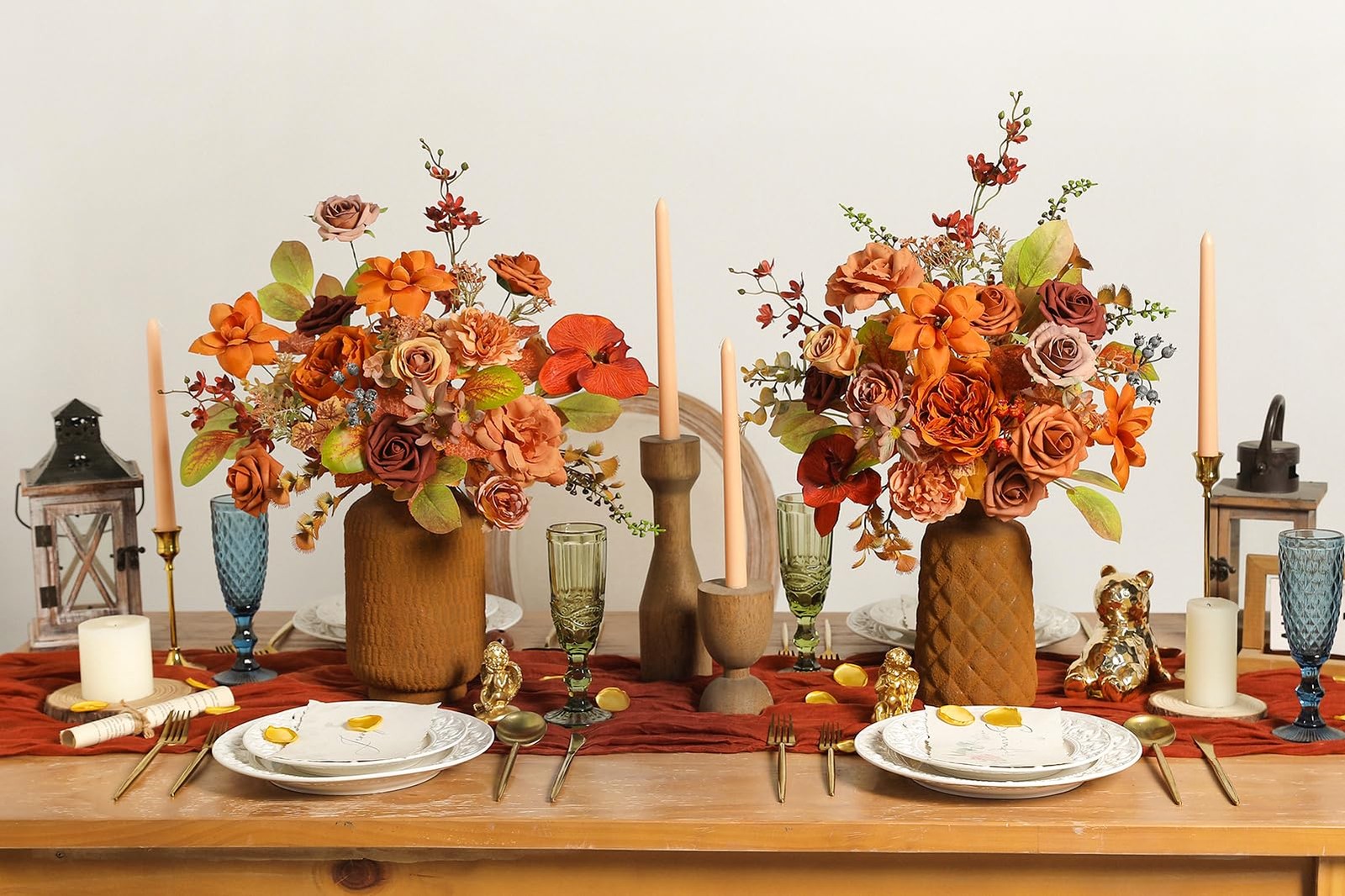 Burnt Orange Artificial Flowers Set – Fake Roses, Peonies, Silk Flowers with …