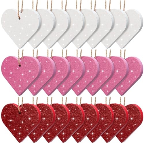 24 Pcs Valentine’s Day Heart Ornaments for Tree Wooden Pink Red White Glitter