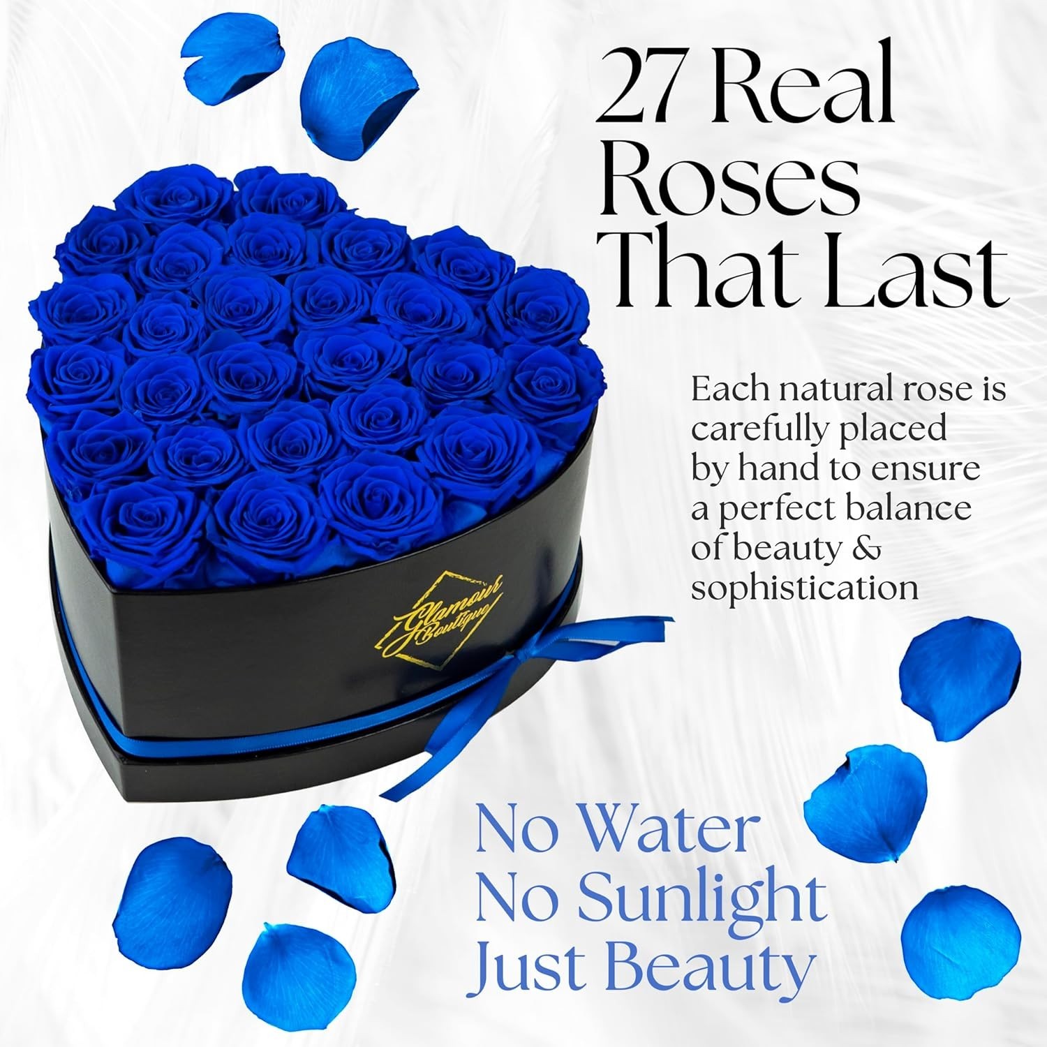 Hassle-Free 27 Blue Eternal Roses in Heart-Shaped Box – Timeless Elegance