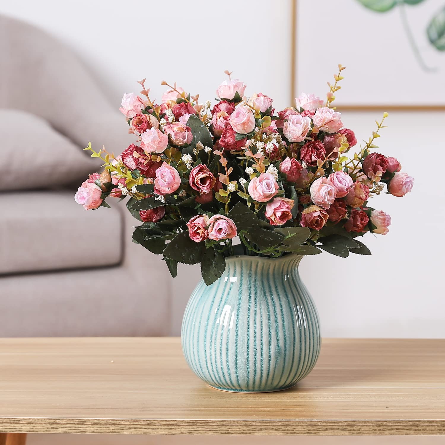 4 PCS 7 Branch 21 Heads Pink Artificial Mini Rose Flowers Bouquet Home Decor