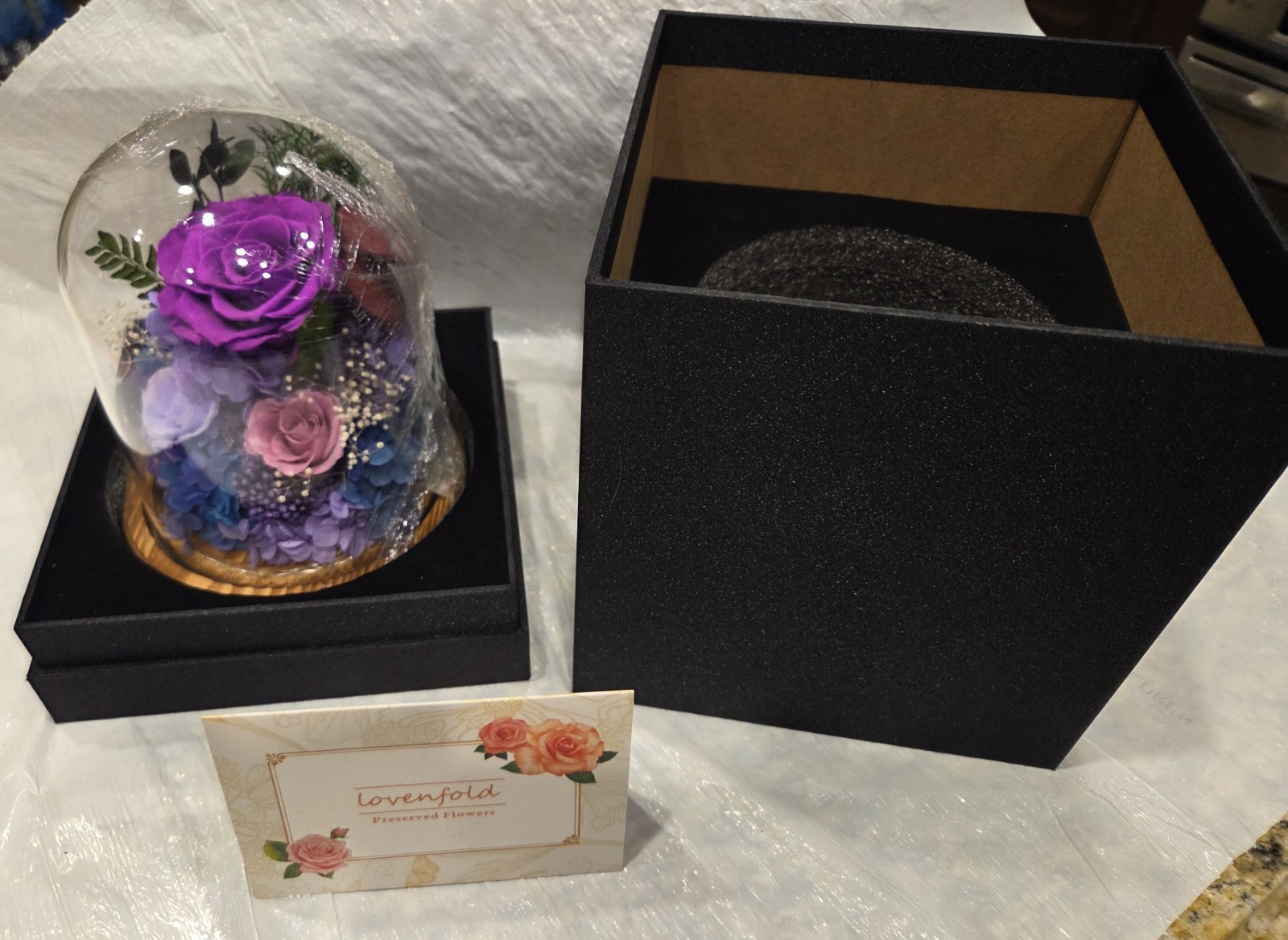 Preserved Flowers in Glass Dome Lights Up Purple Rose Christmas Gift Holiday